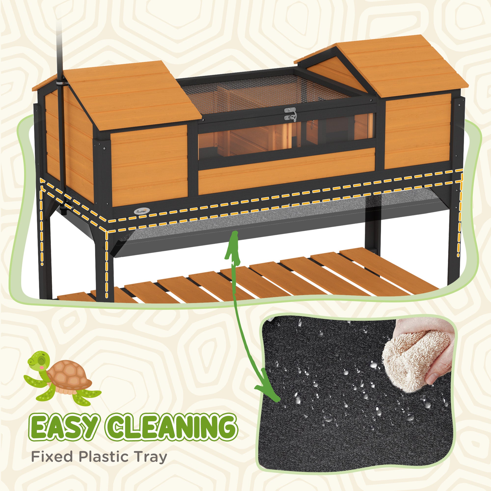 PawHut Tortoise Habitat with Adjustable Lamp Holder, Wooden Tortoise Enclosure with Storage Shelf, Dual Main Houses, Attached Tray, Openable Lid, Yellow