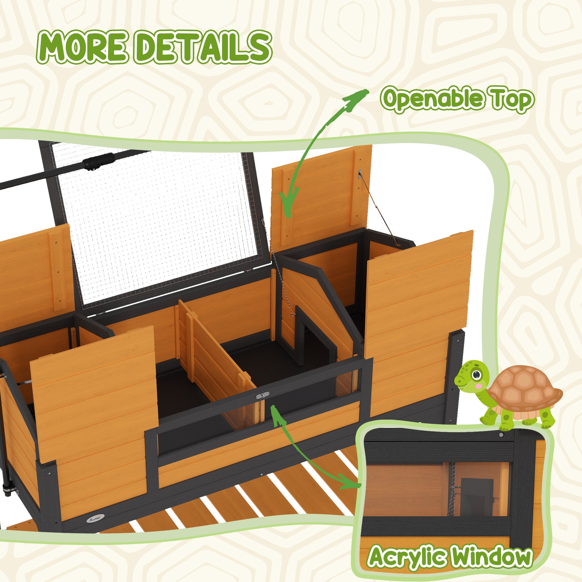 PawHut Tortoise Habitat with Adjustable Lamp Holder, Wooden Tortoise Enclosure with Storage Shelf, Dual Main Houses, Attached Tray, Openable Lid, Yellow