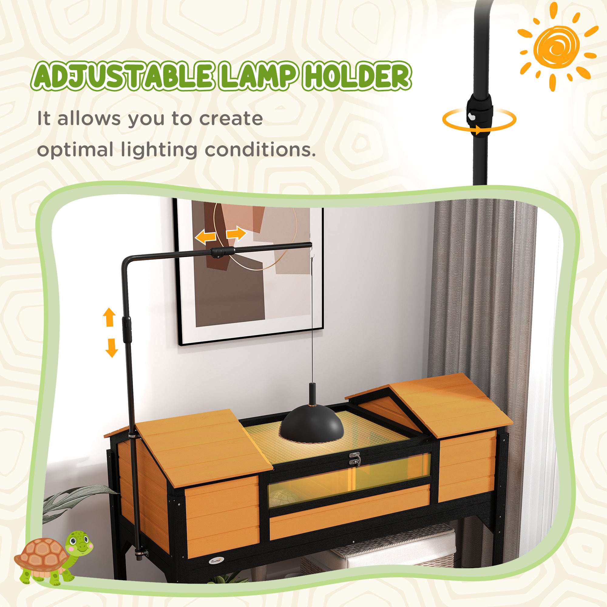 PawHut Tortoise Habitat with Adjustable Lamp Holder, Wooden Tortoise Enclosure with Storage Shelf, Dual Main Houses, Attached Tray, Openable Lid, Yellow