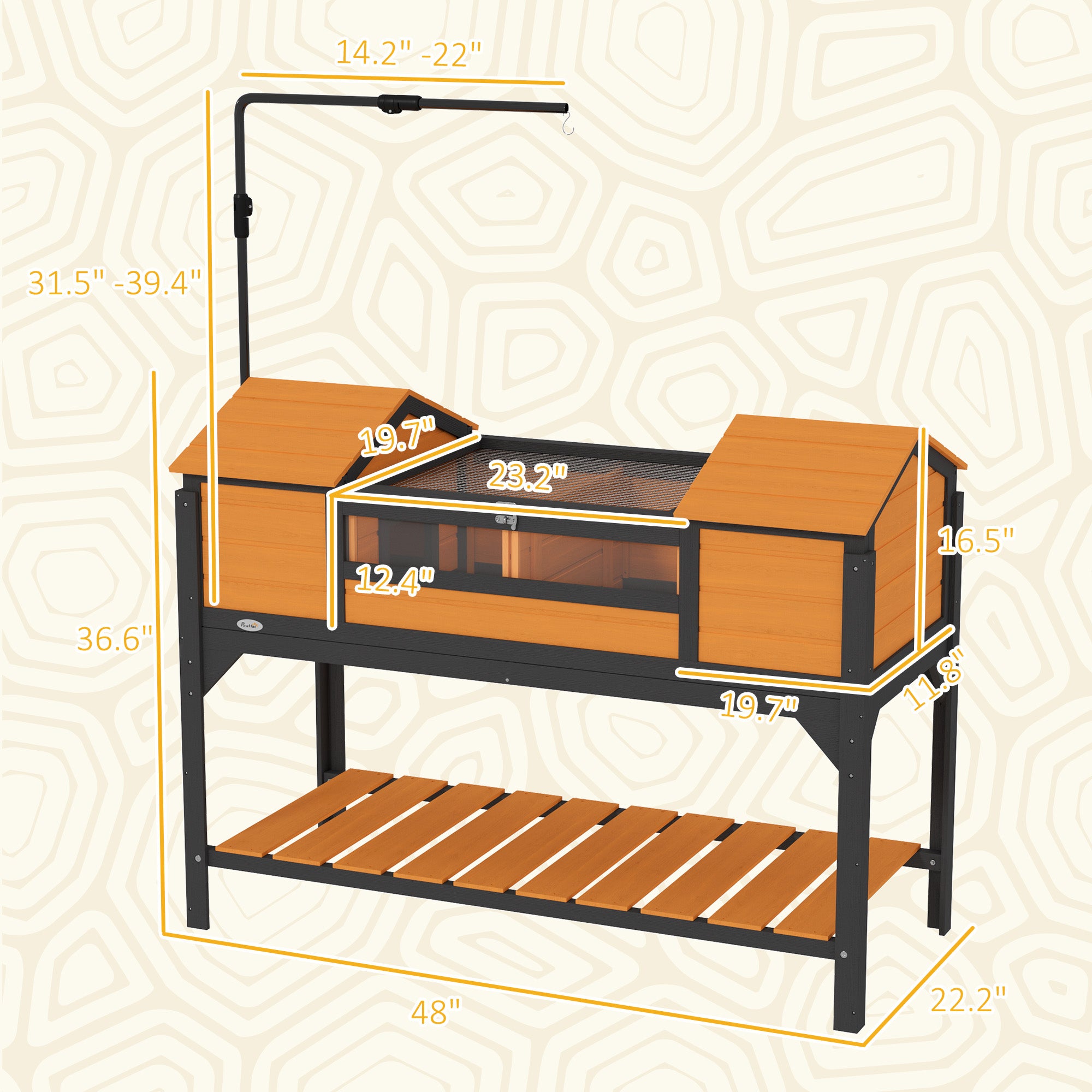 PawHut Tortoise Habitat with Adjustable Lamp Holder, Wooden Tortoise Enclosure with Storage Shelf, Dual Main Houses, Attached Tray, Openable Lid, Yellow