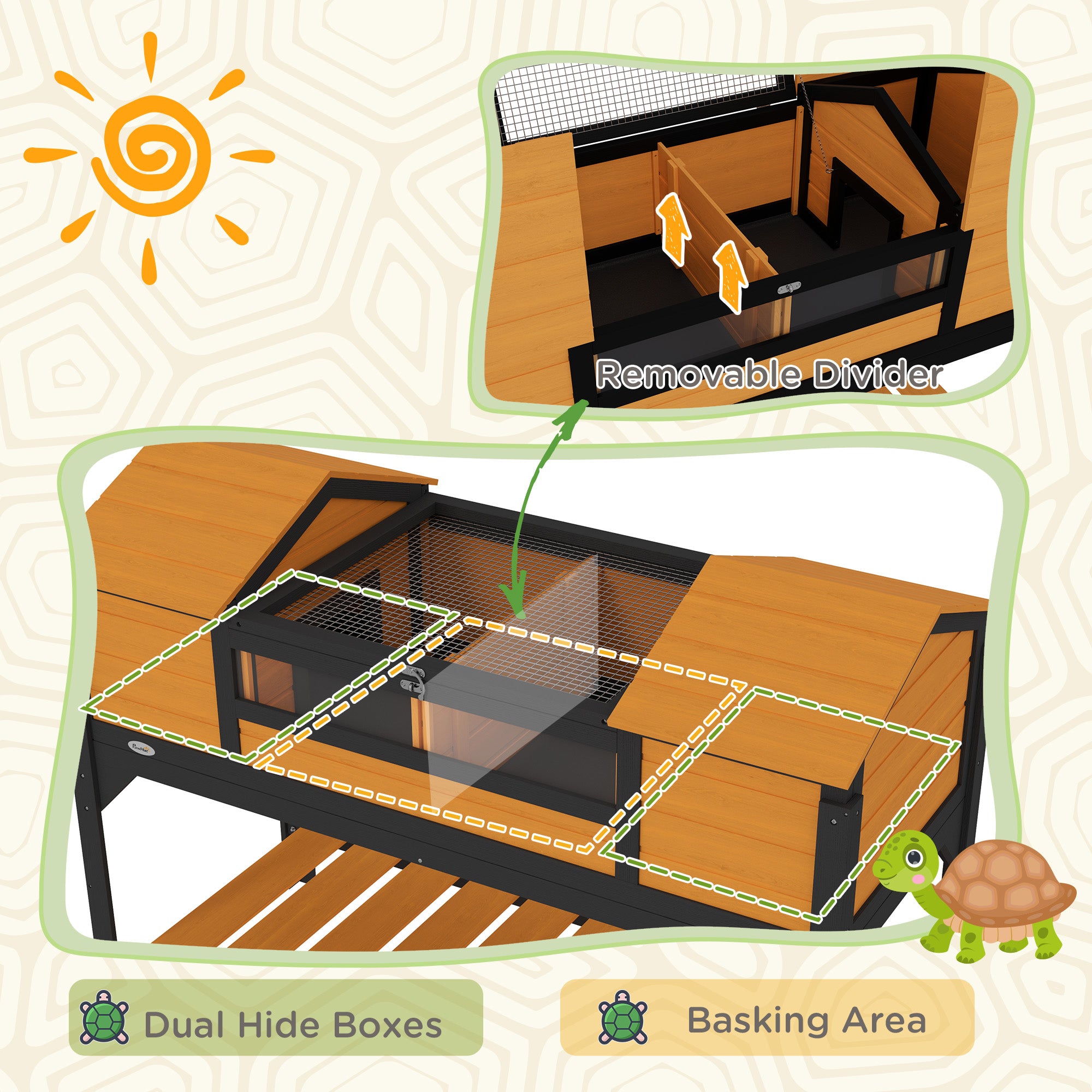 PawHut Tortoise Habitat with Adjustable Lamp Holder, Wooden Tortoise Enclosure with Storage Shelf, Dual Main Houses, Attached Tray, Openable Lid, Yellow