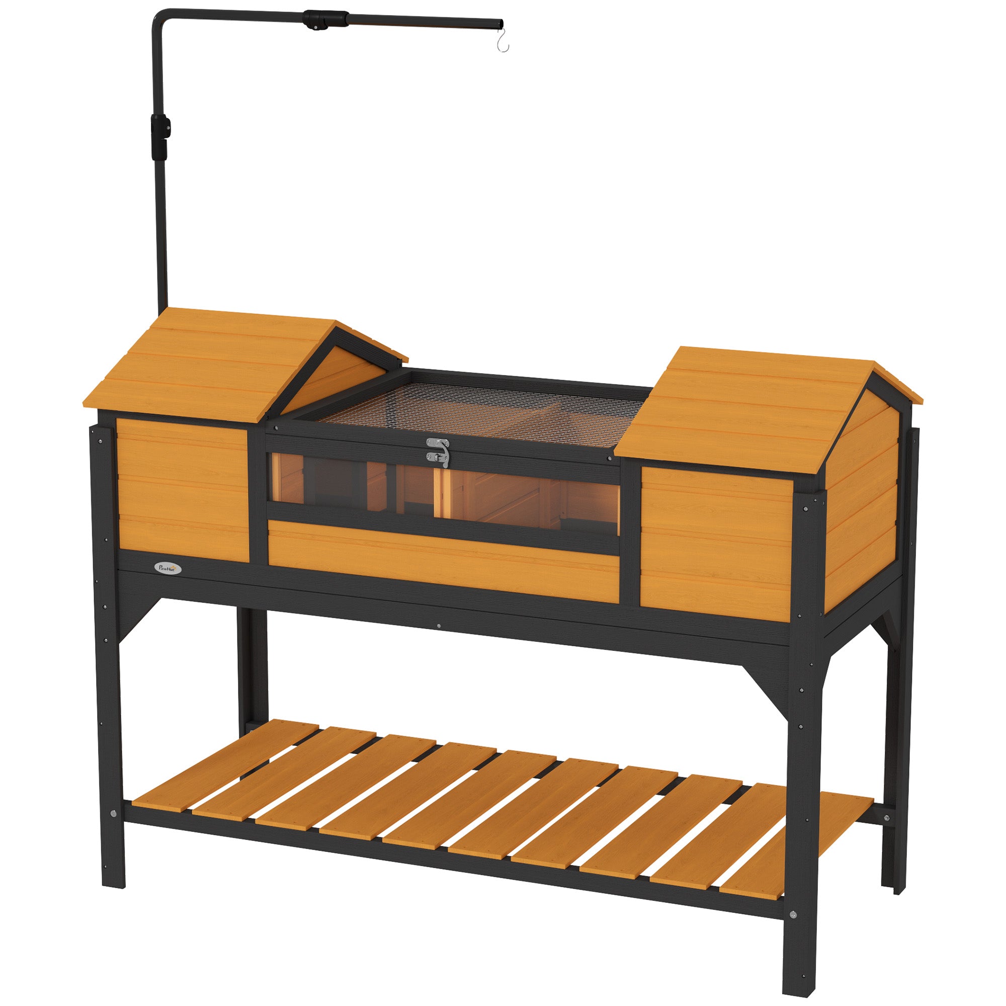 PawHut Tortoise Habitat with Adjustable Lamp Holder, Wooden Tortoise Enclosure with Storage Shelf, Dual Main Houses, Attached Tray, Openable Lid, Yellow