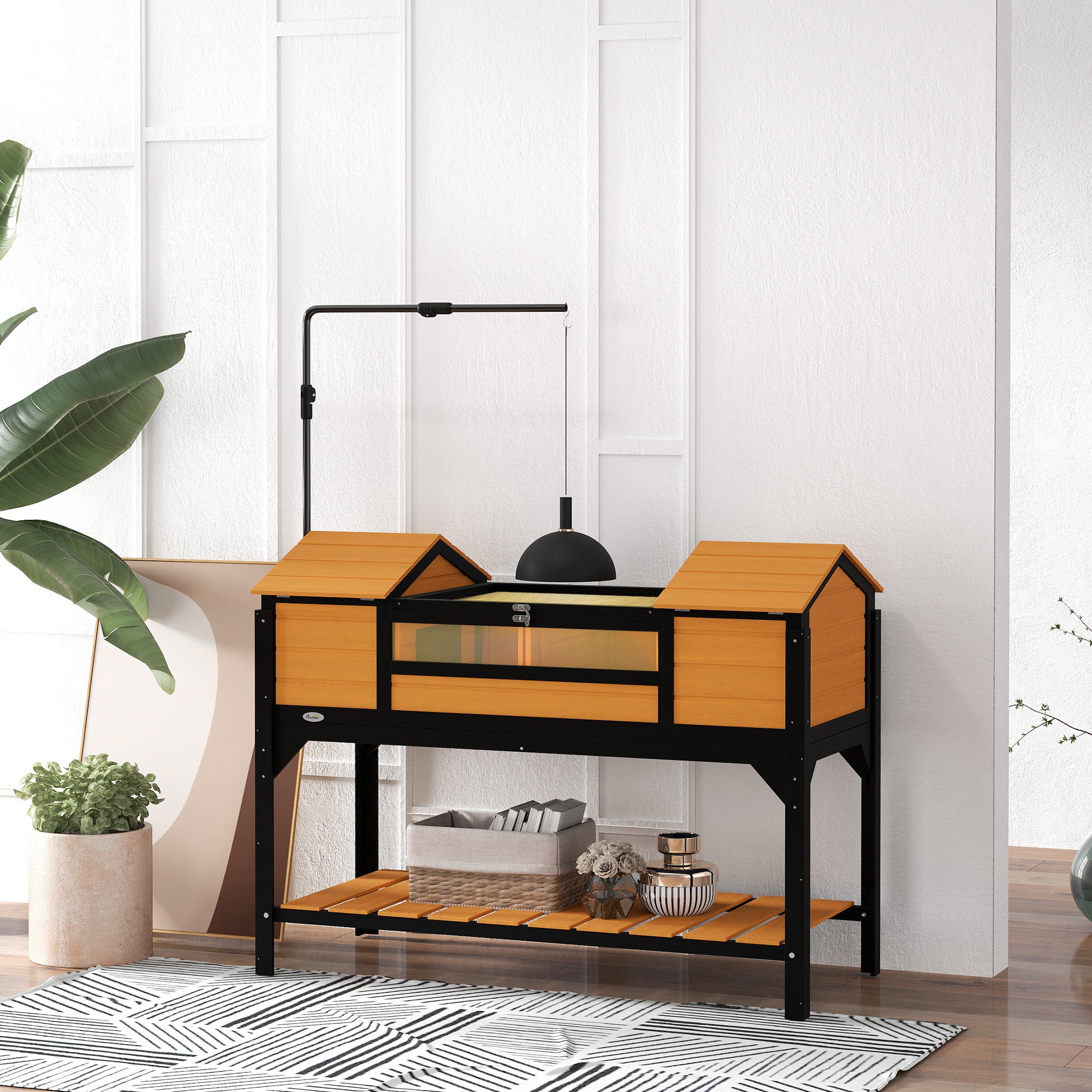 PawHut Tortoise Habitat with Adjustable Lamp Holder, Wooden Tortoise Enclosure with Storage Shelf, Dual Main Houses, Attached Tray, Openable Lid, Yellow