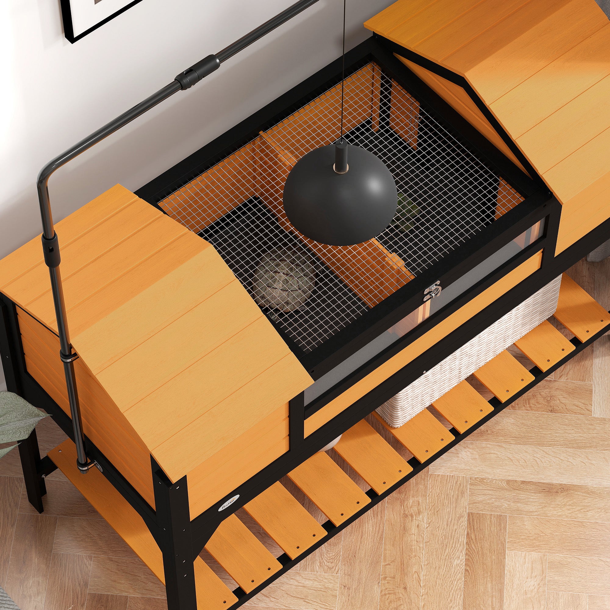PawHut Tortoise Habitat with Adjustable Lamp Holder, Wooden Tortoise Enclosure with Storage Shelf, Dual Main Houses, Attached Tray, Openable Lid, Yellow