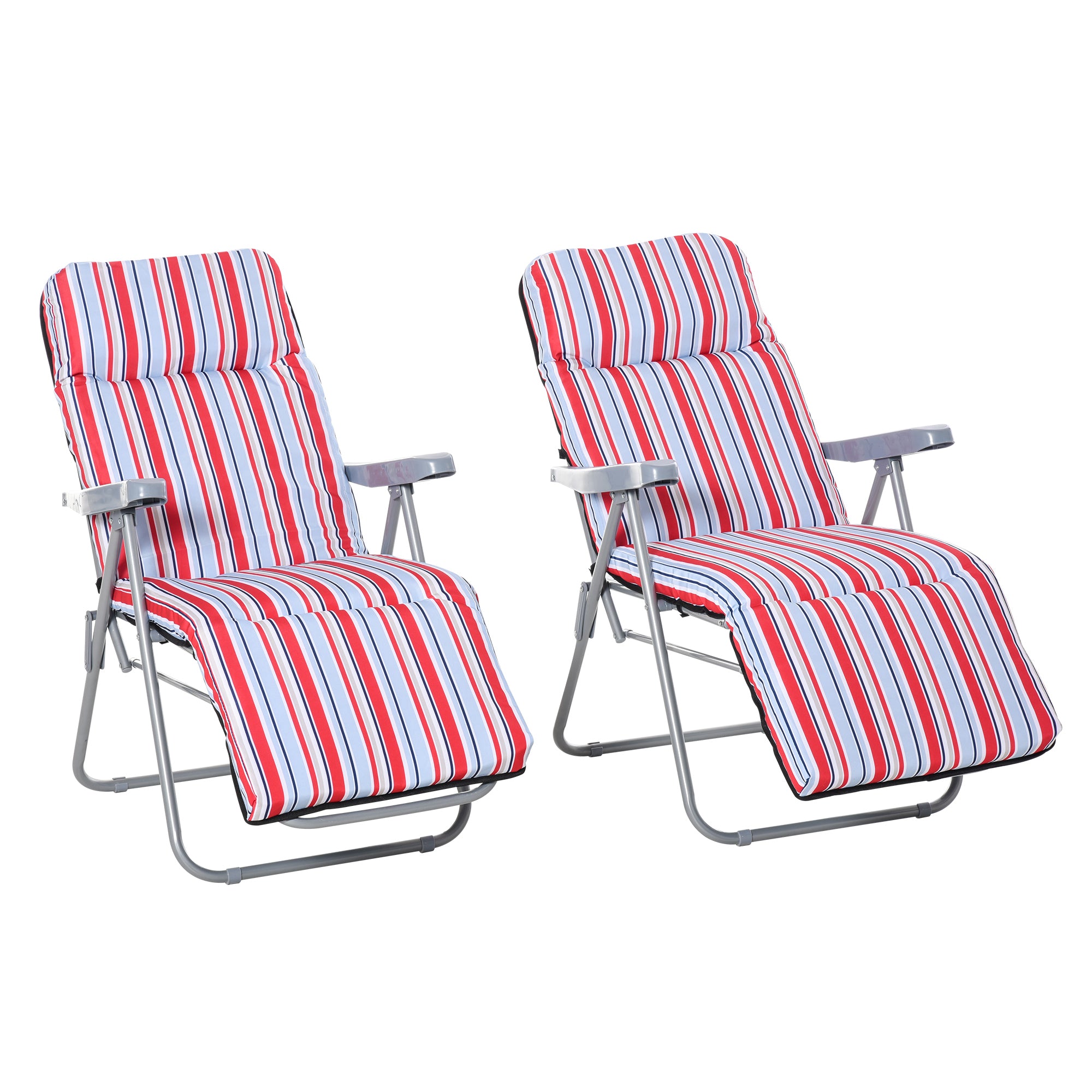 Outsunny Set of 2 Garden Sun Lounger, Outdoor Reclining Seat Cushioned Seat, Foldable Adjustable Recliner, Grey and Red