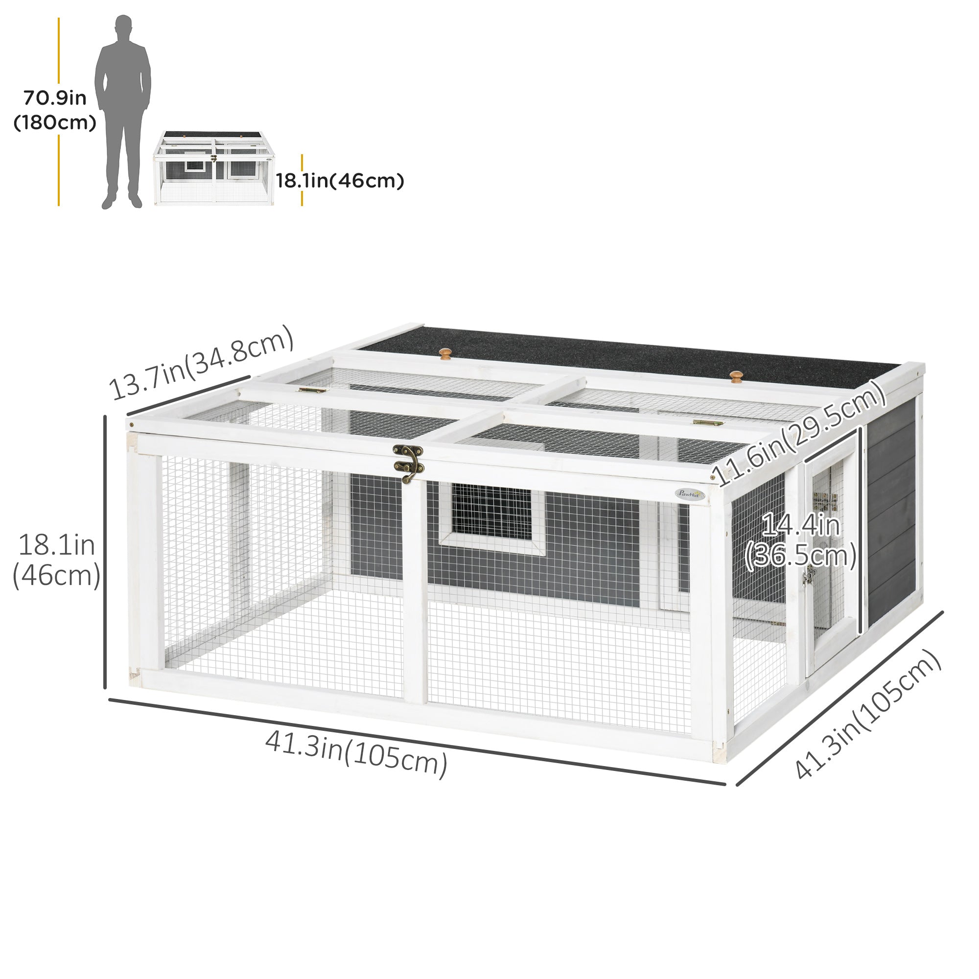 PawHut Wooden Rabbit Hutch Small Animal Cage Pet Run Indoor Outdoor with Openable Roof and Water-repellent Paint, Grey