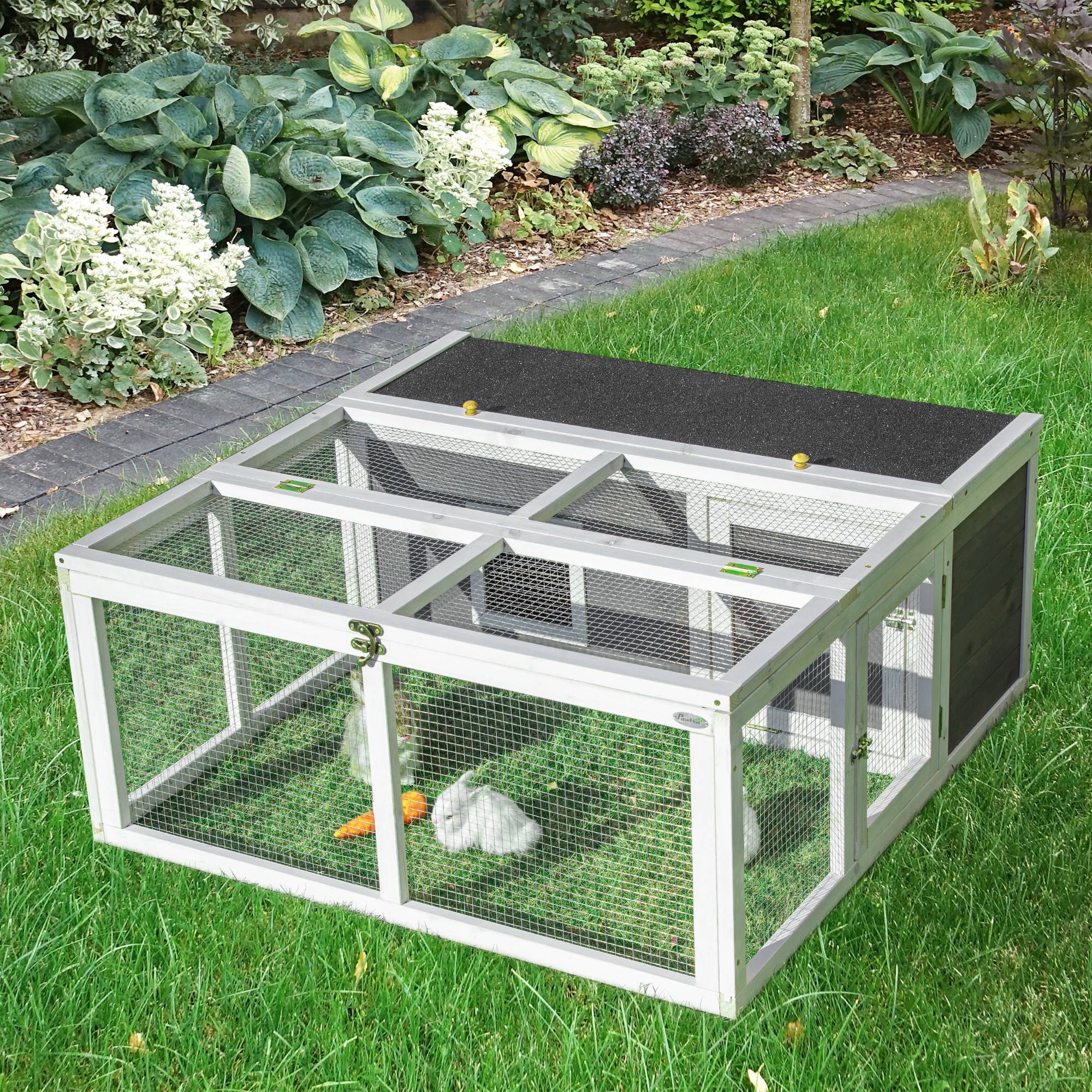 PawHut Wooden Rabbit Hutch Small Animal Cage Pet Run Indoor Outdoor with Openable Roof and Water-repellent Paint, Grey