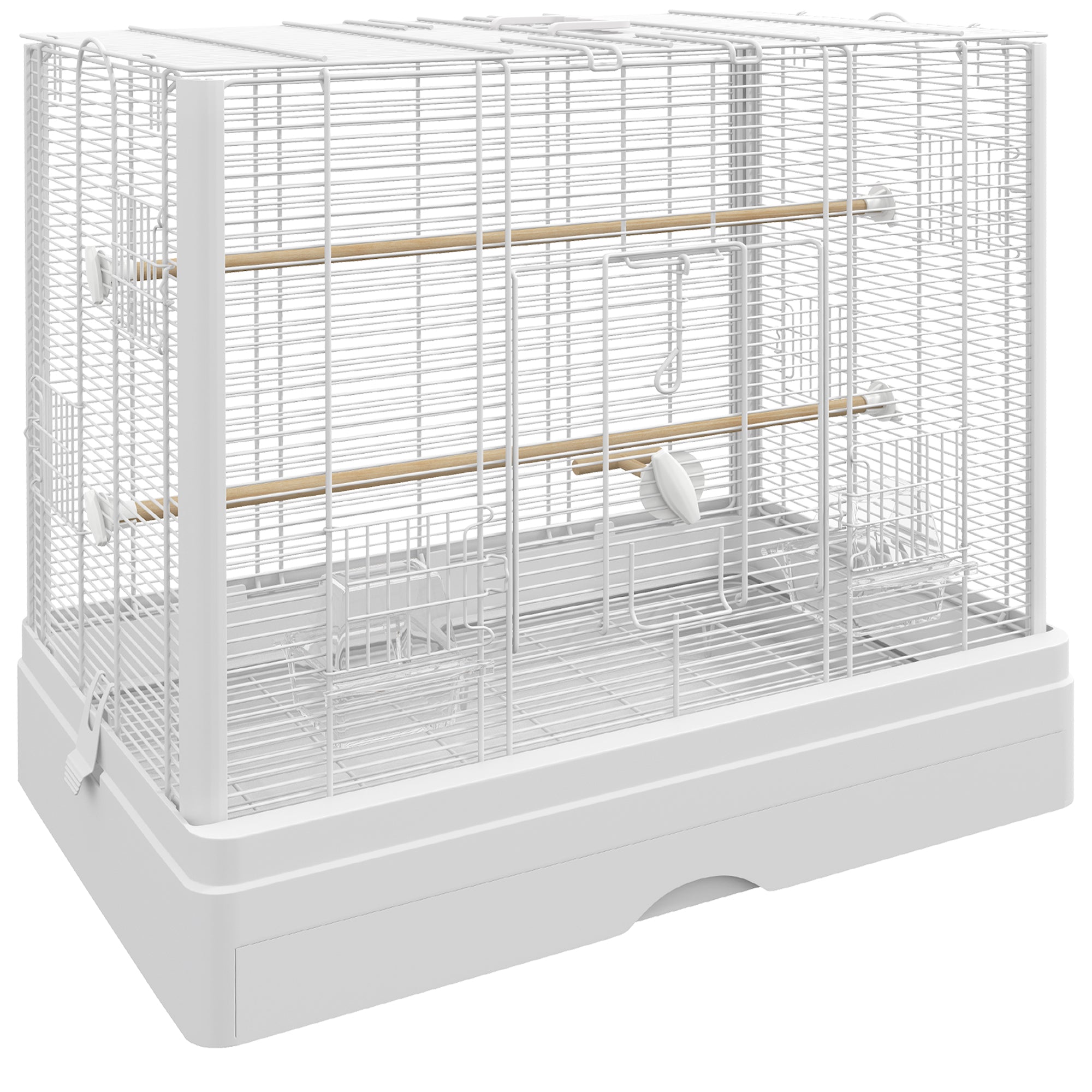 PawHut 22" Bird Cage for Budgie, Finches, Canaries, Love Birds, Large Parrot Cage with Wooden Stands, Slide-Out Tray, Handle, Food Containers, White