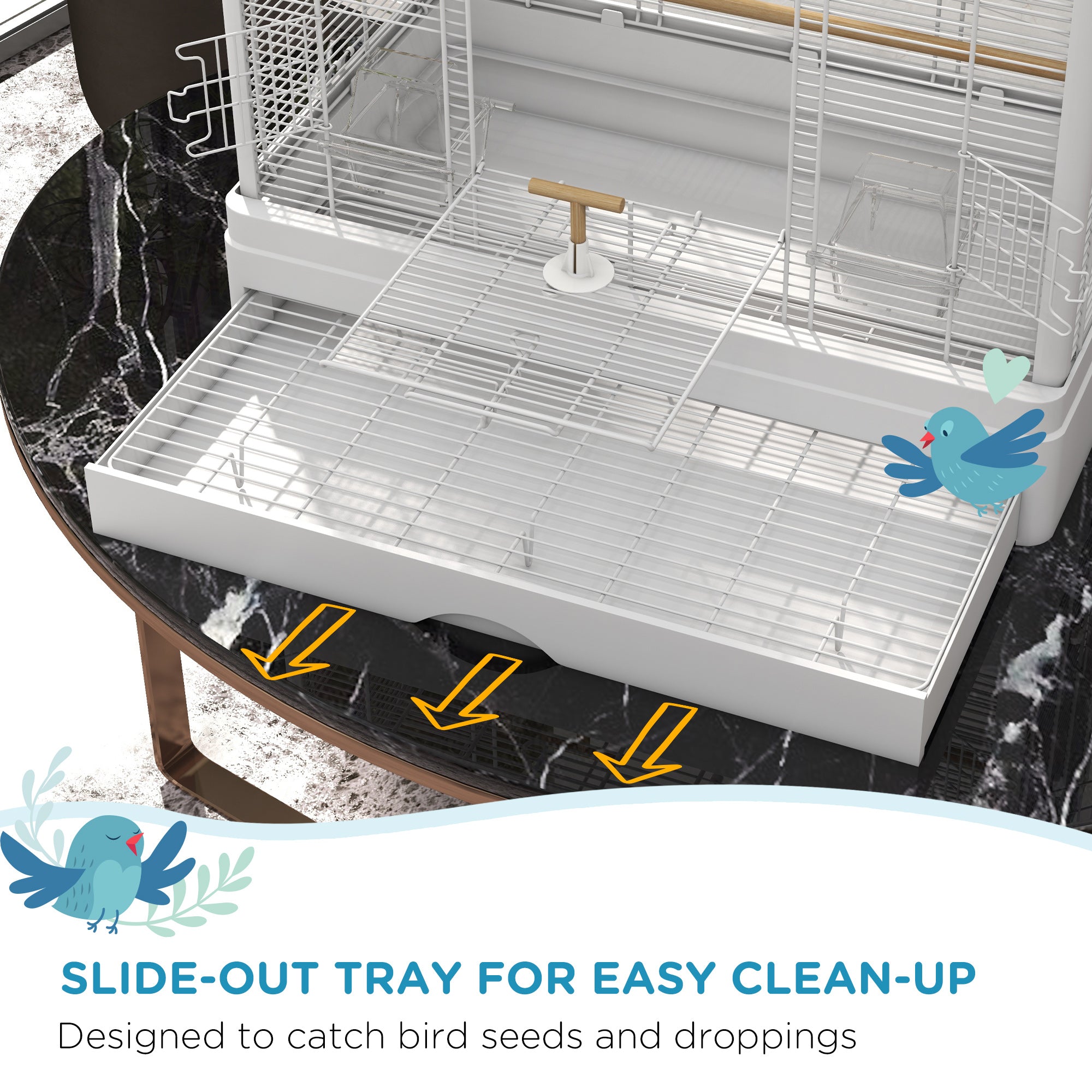 PawHut 22" Bird Cage for Budgie, Finches, Canaries, Love Birds, Large Parrot Cage with Wooden Stands, Slide-Out Tray, Handle, Food Containers, White