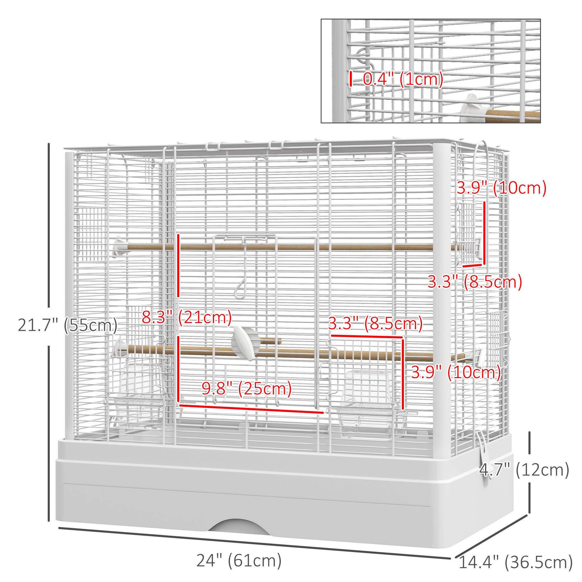 PawHut 22" Bird Cage for Budgie, Finches, Canaries, Love Birds, Large Parrot Cage with Wooden Stands, Slide-Out Tray, Handle, Food Containers, White