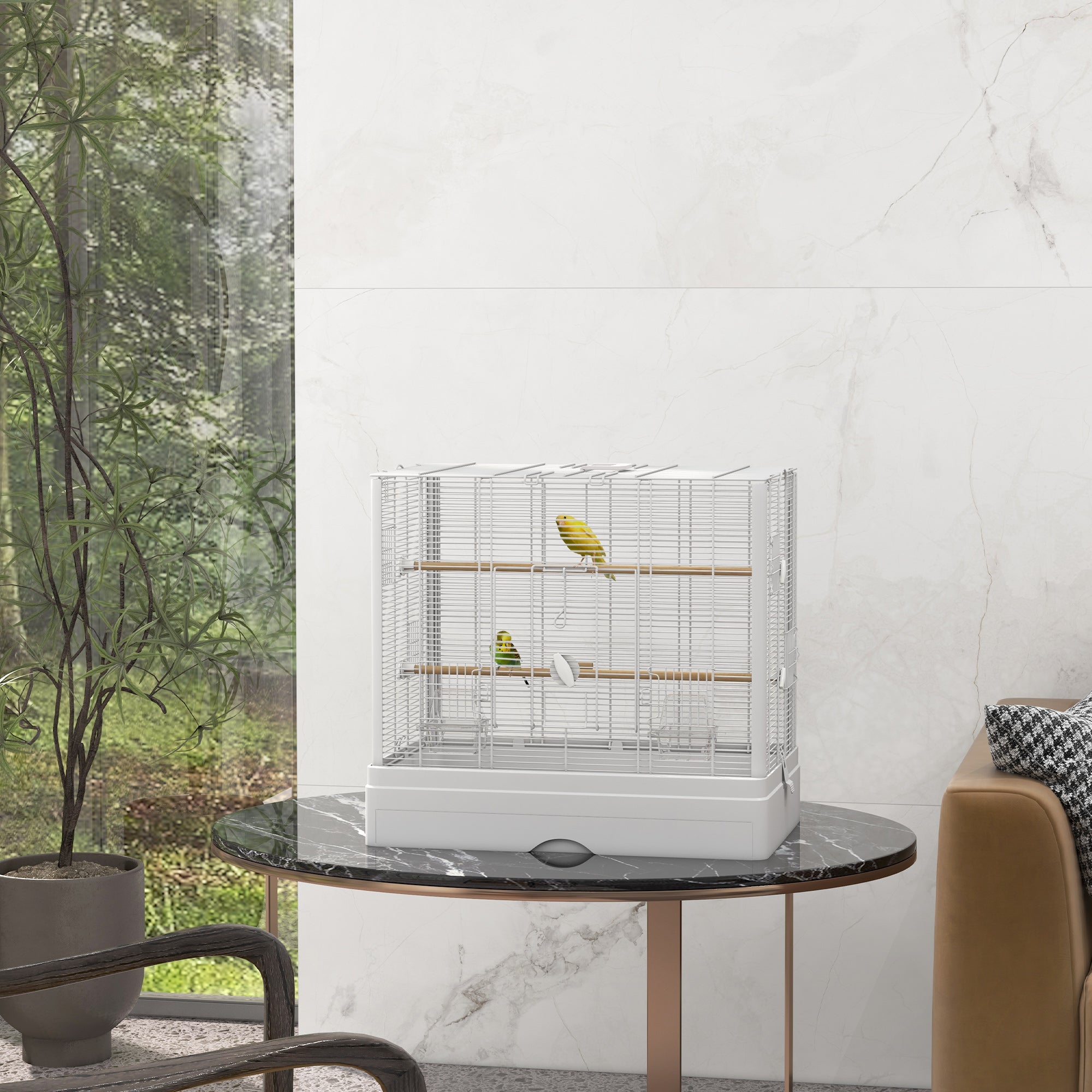 PawHut 22" Bird Cage for Budgie, Finches, Canaries, Love Birds, Large Parrot Cage with Wooden Stands, Slide-Out Tray, Handle, Food Containers, White