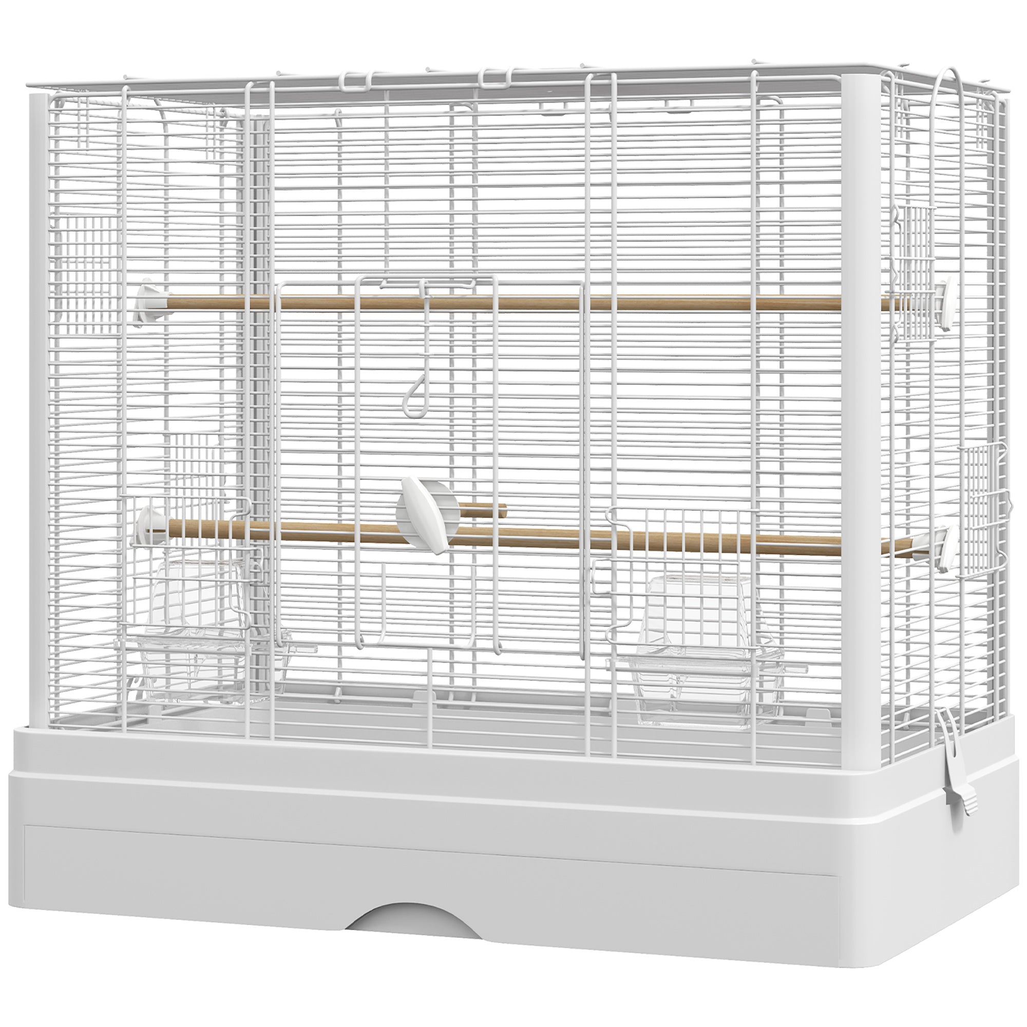 PawHut 22" Bird Cage for Budgie, Finches, Canaries, Love Birds, Large Parrot Cage with Wooden Stands, Slide-Out Tray, Handle, Food Containers, White
