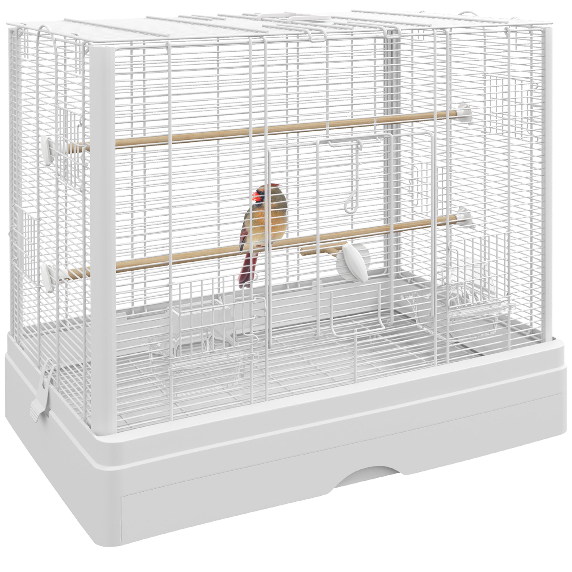 PawHut 22" Bird Cage for Budgie, Finches, Canaries, Love Birds, Large Parrot Cage with Wooden Stands, Slide-Out Tray, Handle, Food Containers, White
