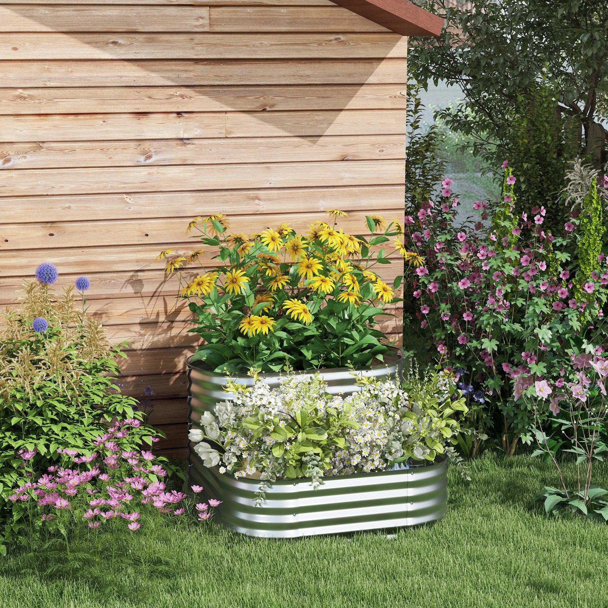 Outsunny 2-Tier Raised Garden Bed Kit, 3.4x3.4x1ft Outdoor Galvanized Planter Box with Safety Edging for Vegetables, Flowers, Fruits and Herbs, Silver