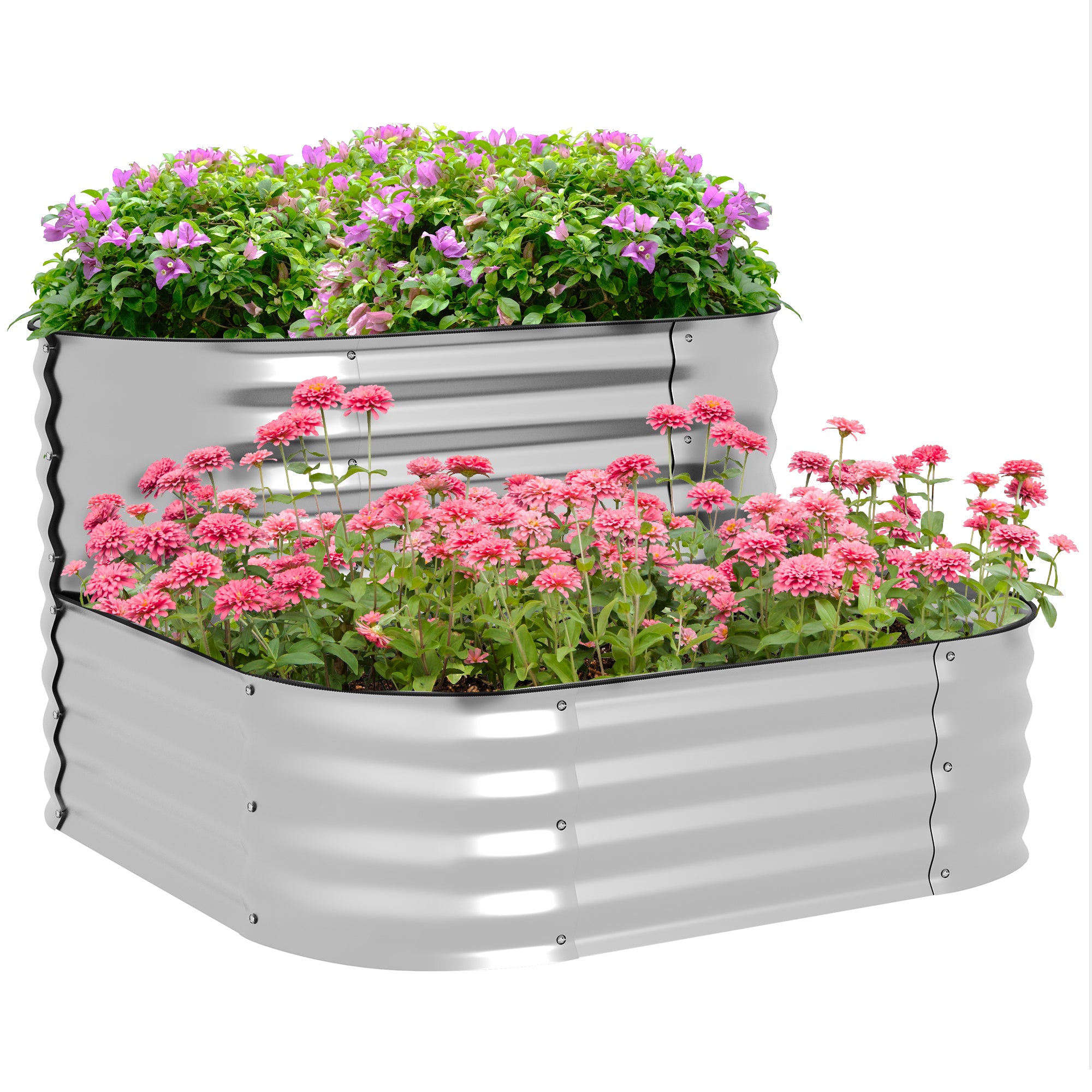 Outsunny 2-Tier Raised Garden Bed Kit, 3.4x3.4x1ft Outdoor Galvanized Planter Box with Safety Edging for Vegetables, Flowers, Fruits and Herbs, Silver