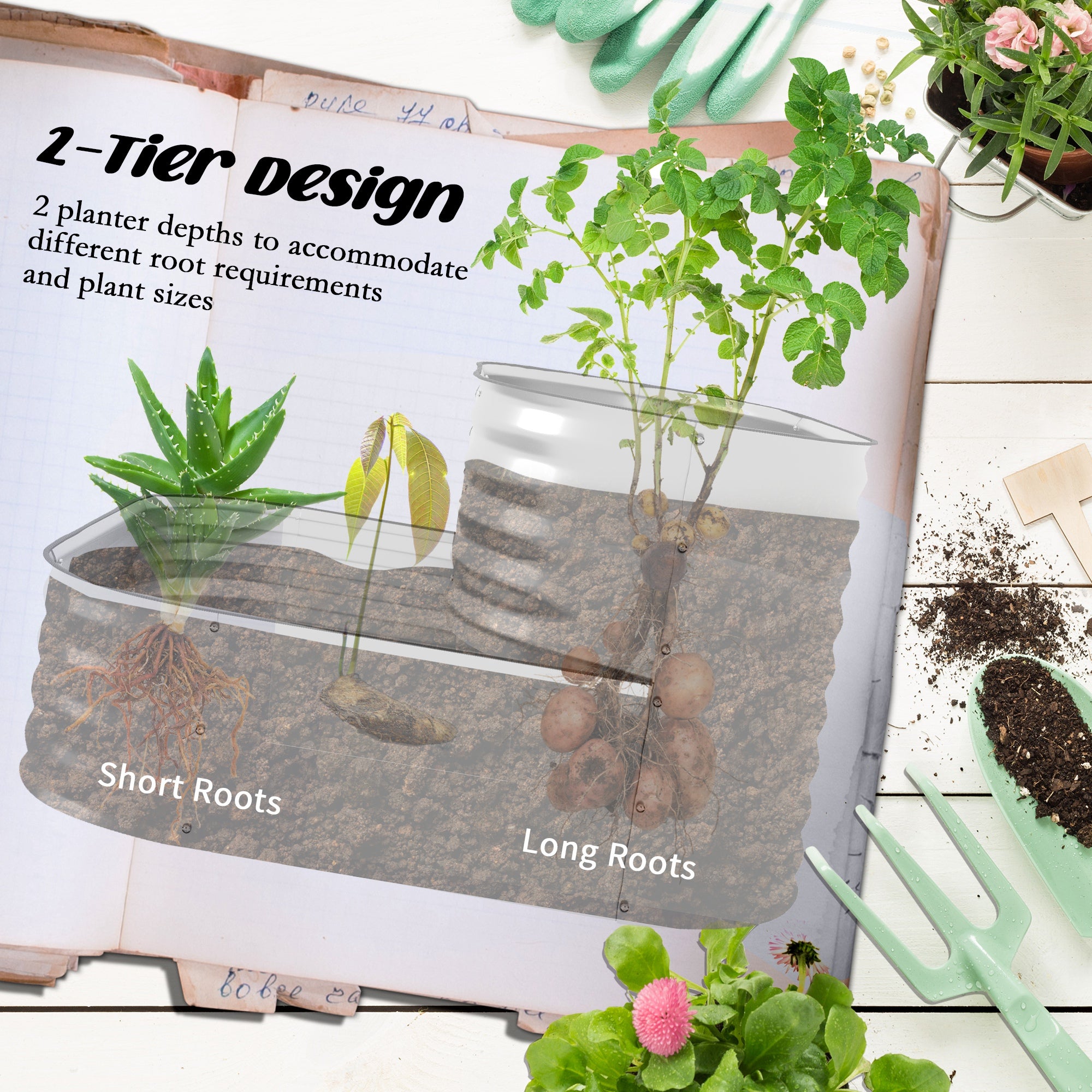 Outsunny 2-Tier Raised Garden Bed Kit, 3.4x3.4x1ft Outdoor Galvanized Planter Box with Safety Edging for Vegetables, Flowers, Fruits and Herbs, Silver