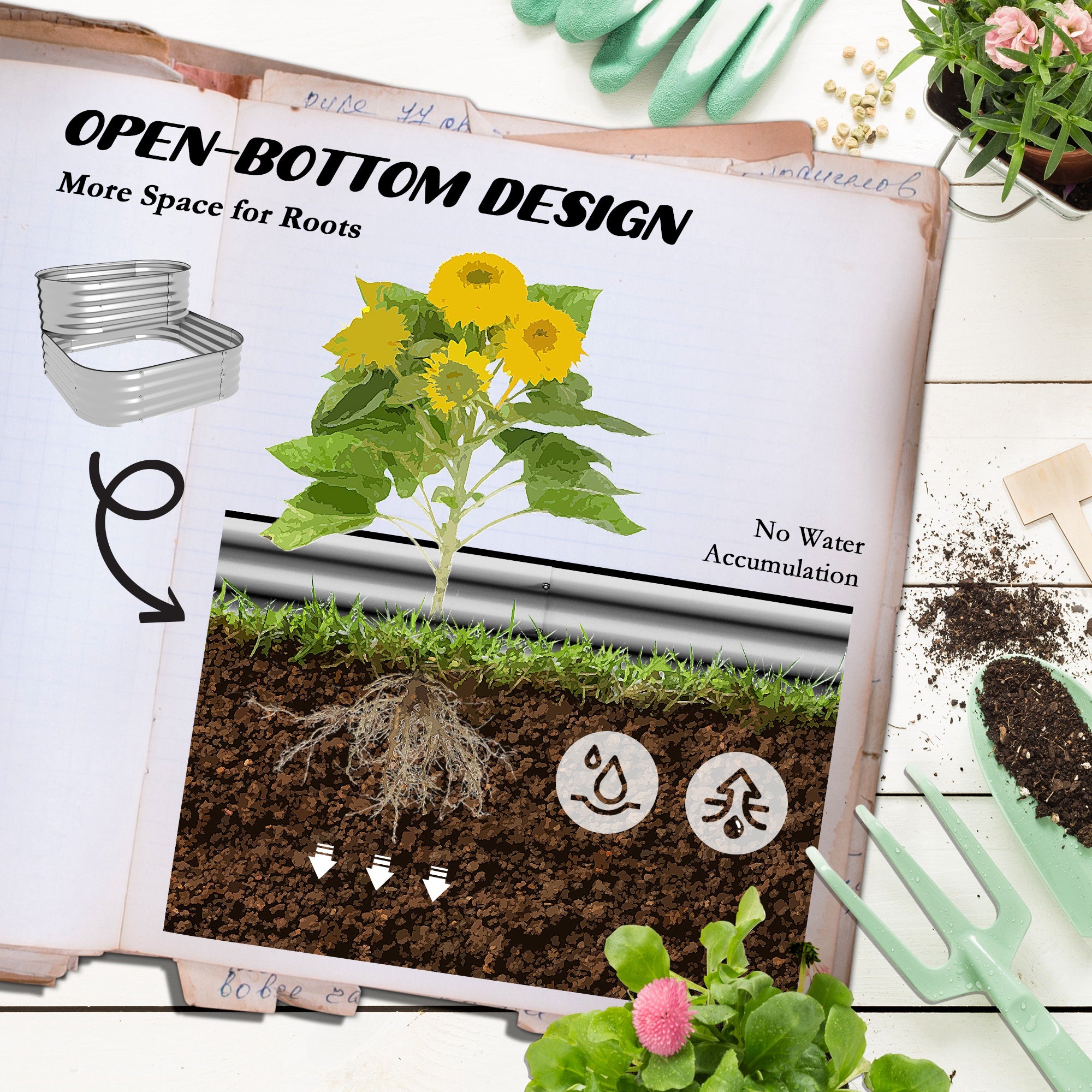 Outsunny 2-Tier Raised Garden Bed Kit, 3.4x3.4x1ft Outdoor Galvanized Planter Box with Safety Edging for Vegetables, Flowers, Fruits and Herbs, Silver