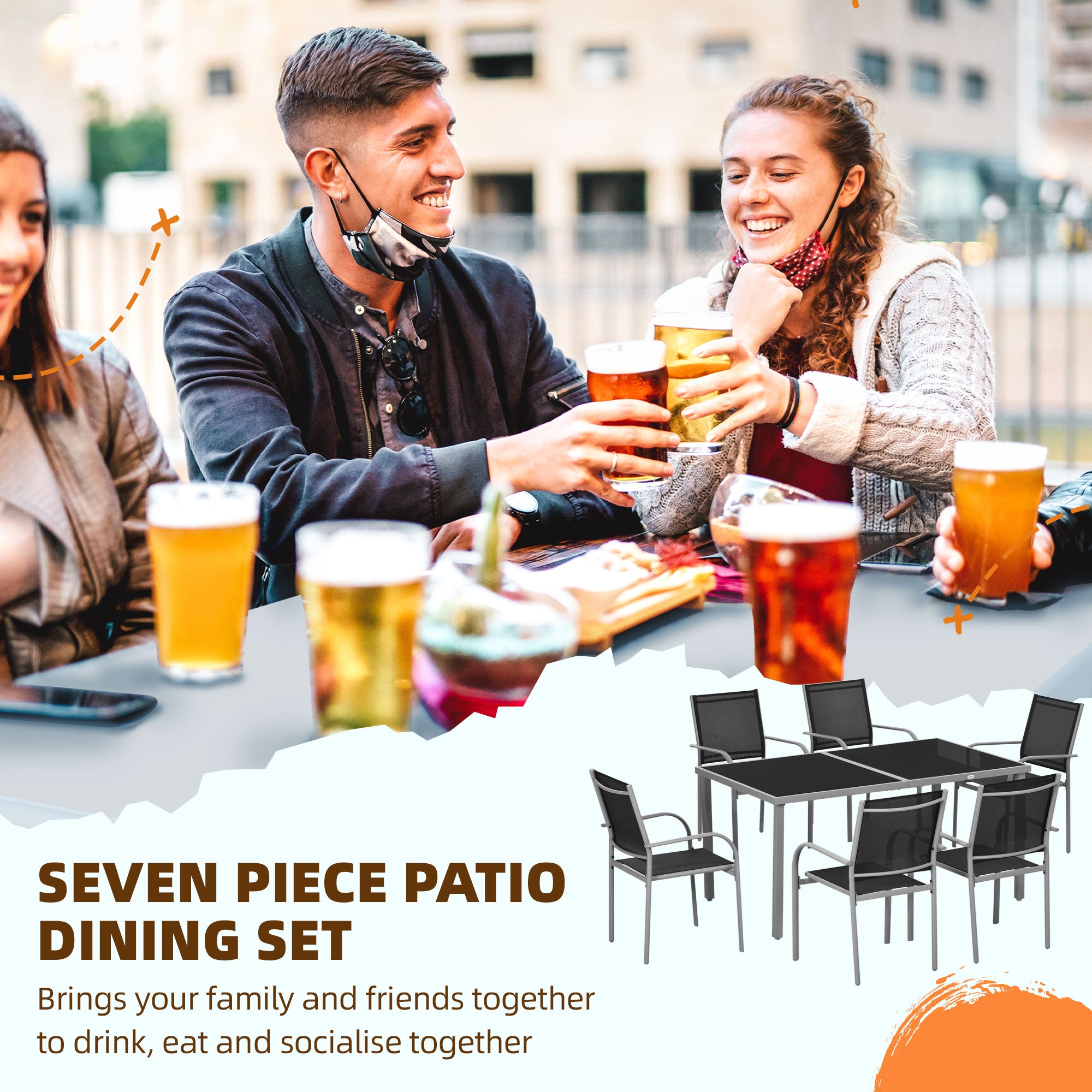 Outsunny 7 Piece Patio Dining Set, Outdoor Table and 6 Stackable Chairs, Steel Frame, Tempered Glass Top Table, Mesh Seats, Black