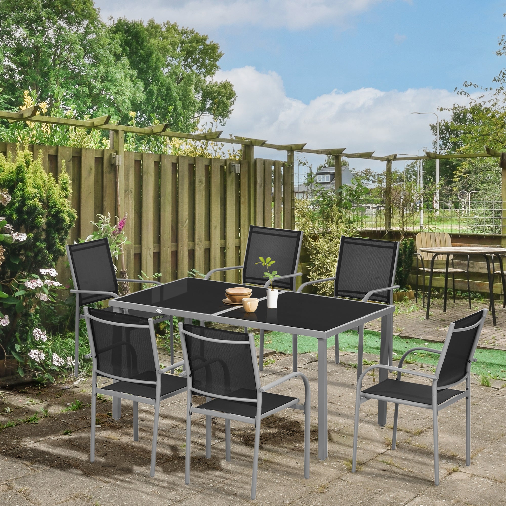 Outsunny 7 Piece Patio Dining Set, Outdoor Table and 6 Stackable Chairs, Steel Frame, Tempered Glass Top Table, Mesh Seats, Black