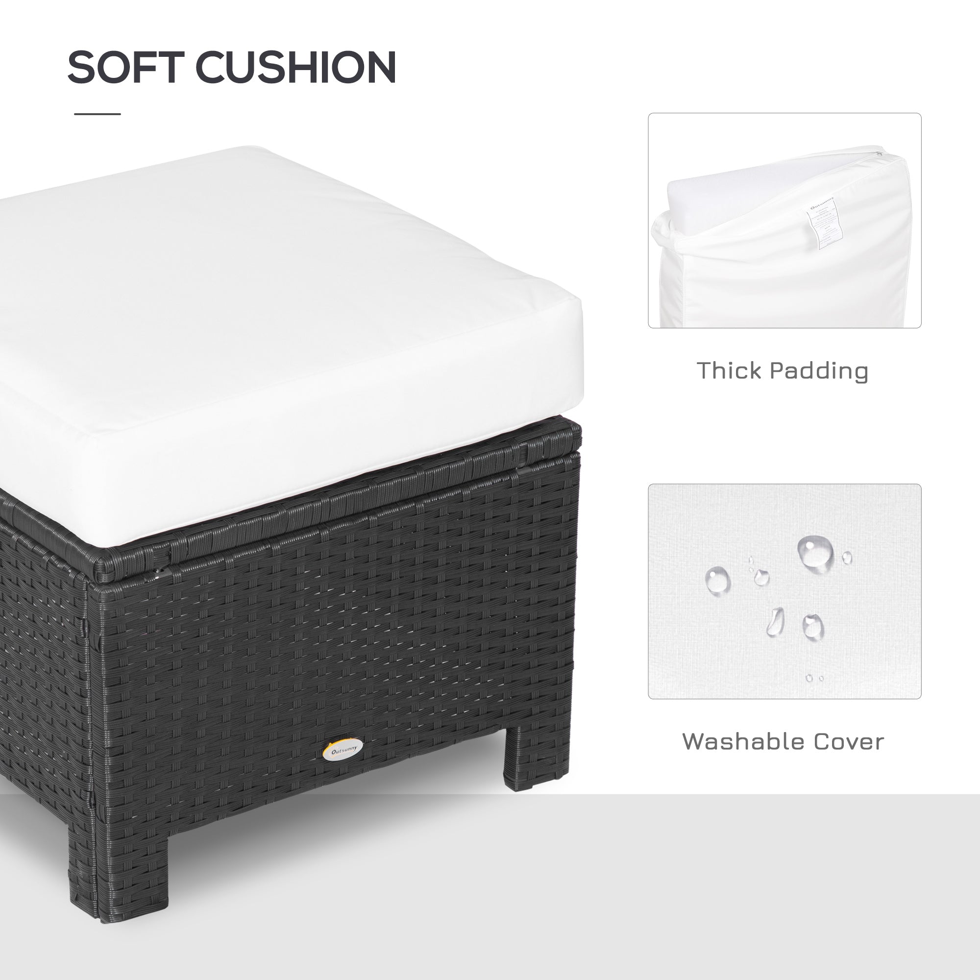 Outsunny Patio Rattan Ottoman, Outdoor Wicker Footrest with Soft Cushion, Metal Frame for Backyard, Garden, and Poolside, White