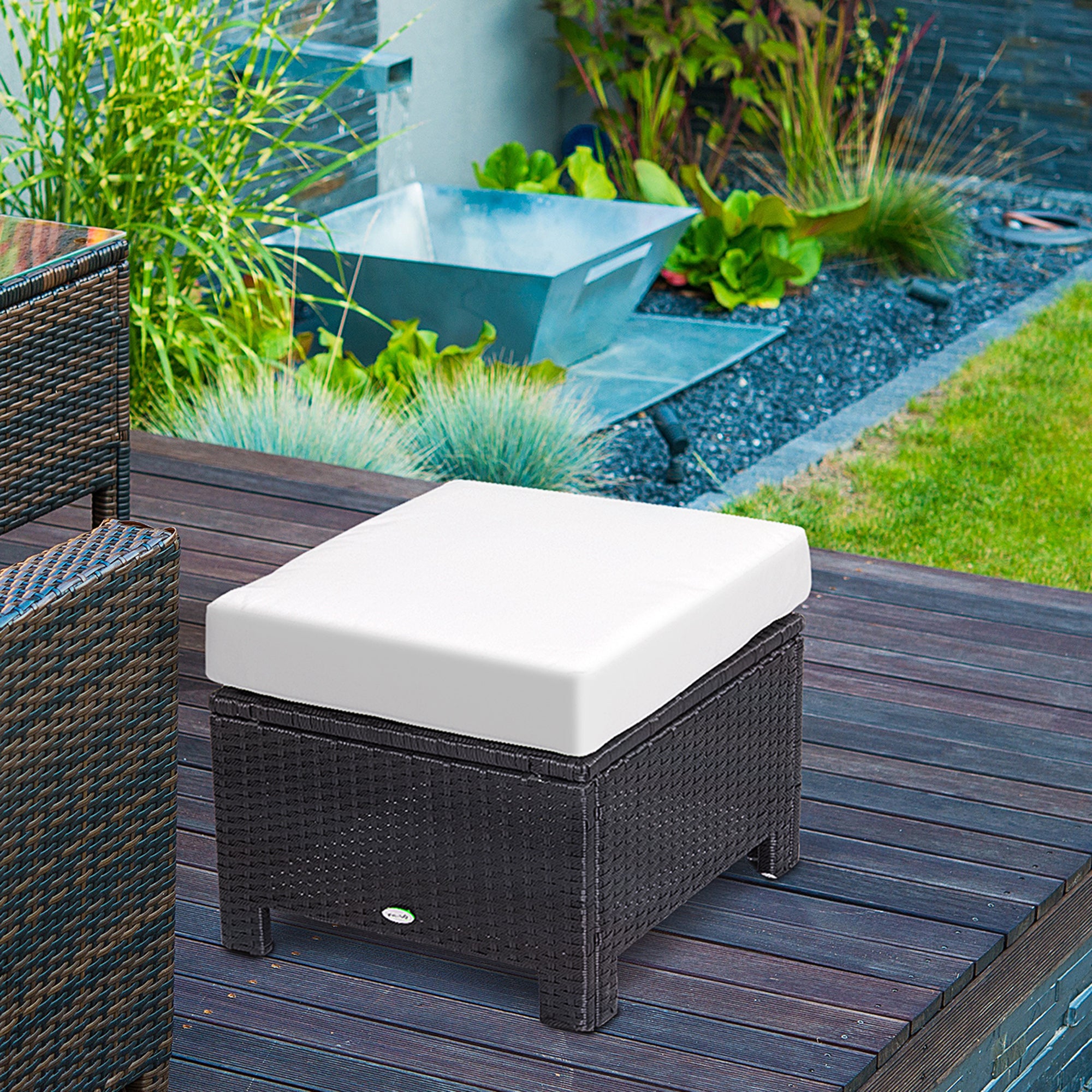 Outsunny Patio Rattan Ottoman, Outdoor Wicker Footrest with Soft Cushion, Metal Frame for Backyard, Garden, and Poolside, White