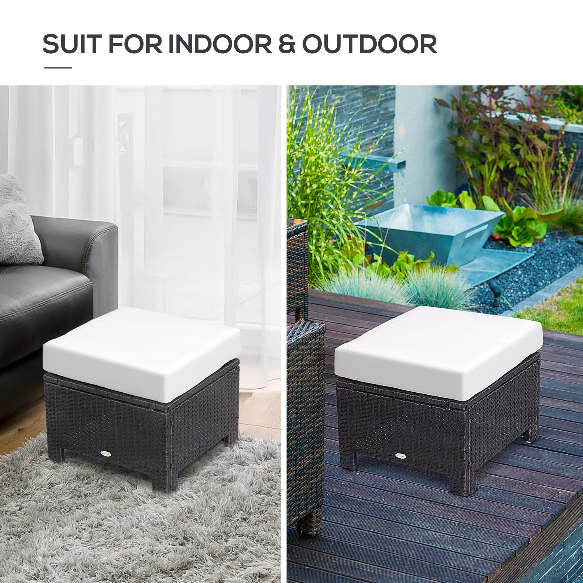 Outsunny Patio Rattan Ottoman, Outdoor Wicker Footrest with Soft Cushion, Metal Frame for Backyard, Garden, and Poolside, White