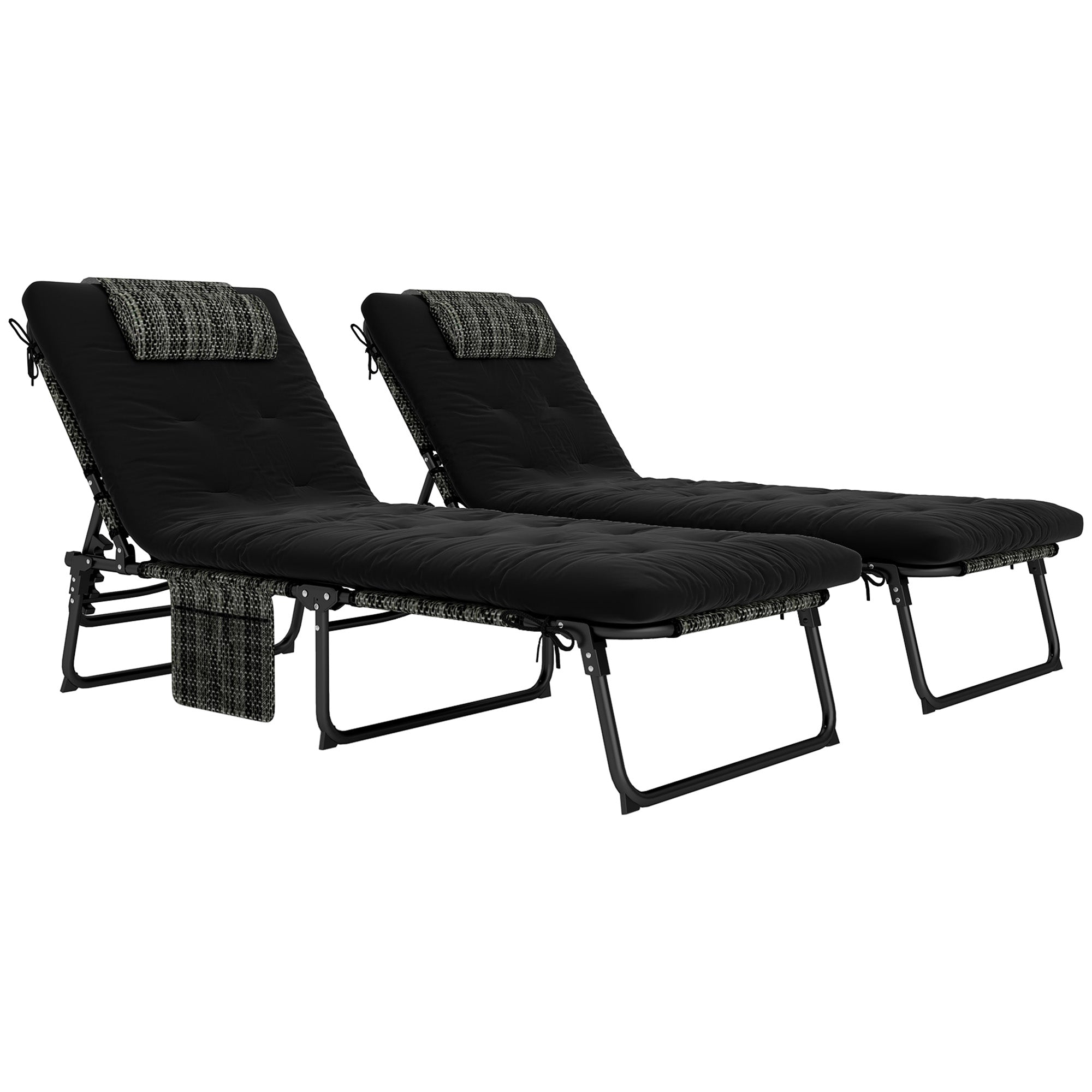 Outsunny 2 Pieces Folding Lounge Chairs with 4-level Reclining Back, Tanning Chair with Cushion, Sun Lounger with Breathable Mesh Fabric, Side Pocket, Headrest, Black
