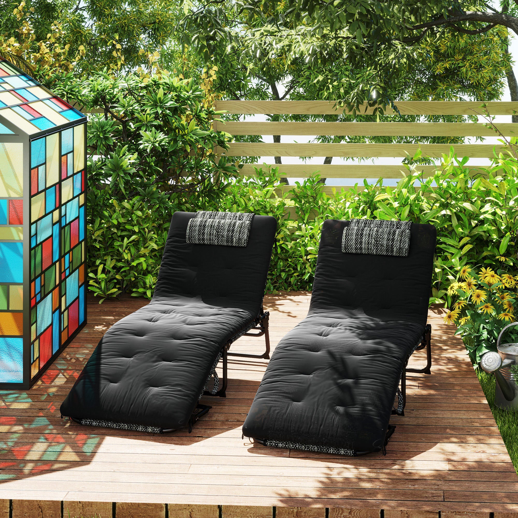 Outsunny 2 Pieces Folding Lounge Chairs with 4-level Reclining Back, Tanning Chair with Cushion, Sun Lounger with Breathable Mesh Fabric, Side Pocket, Headrest, Black