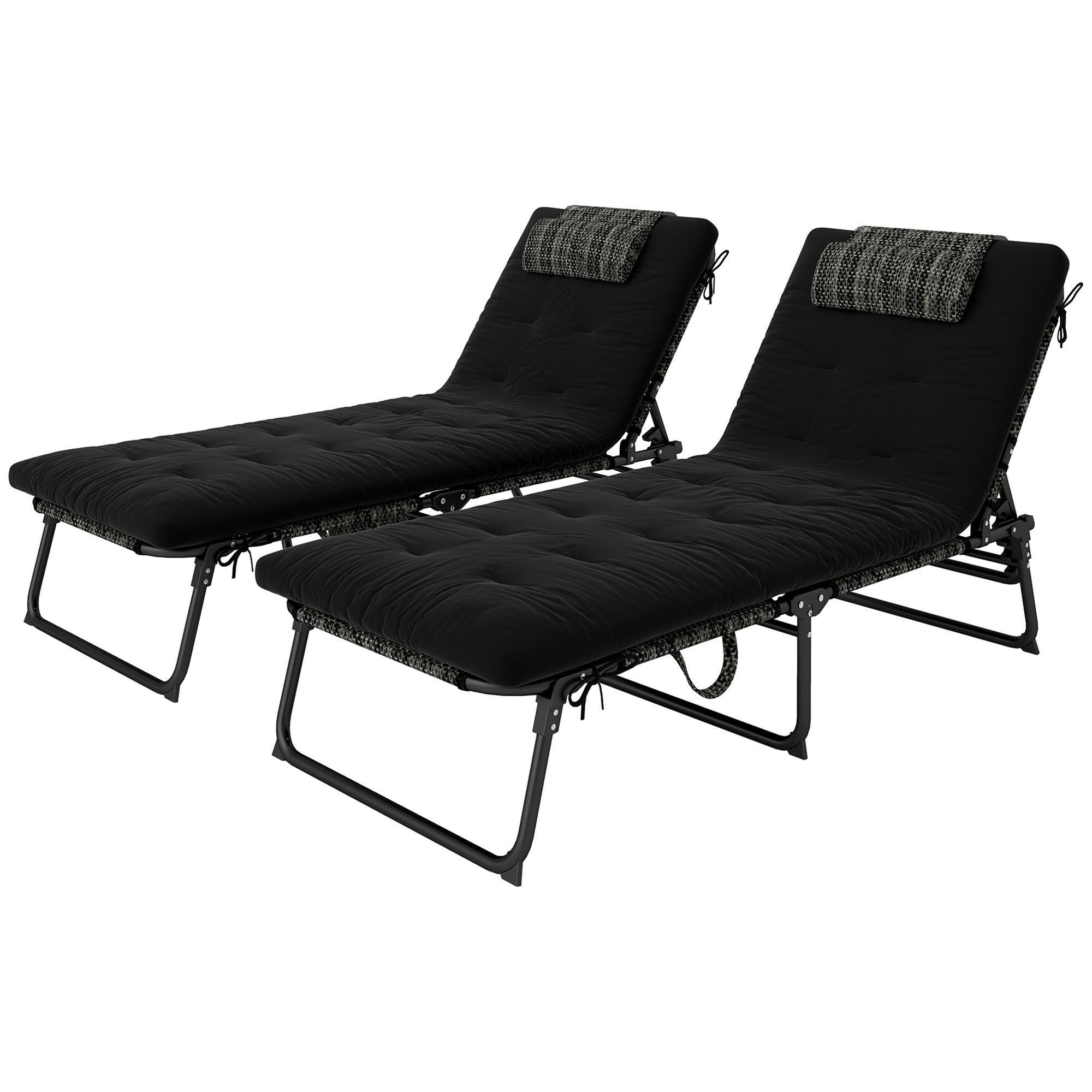 Outsunny 2 Pieces Folding Lounge Chairs with 4-level Reclining Back, Tanning Chair with Cushion, Sun Lounger with Breathable Mesh Fabric, Side Pocket, Headrest, Black