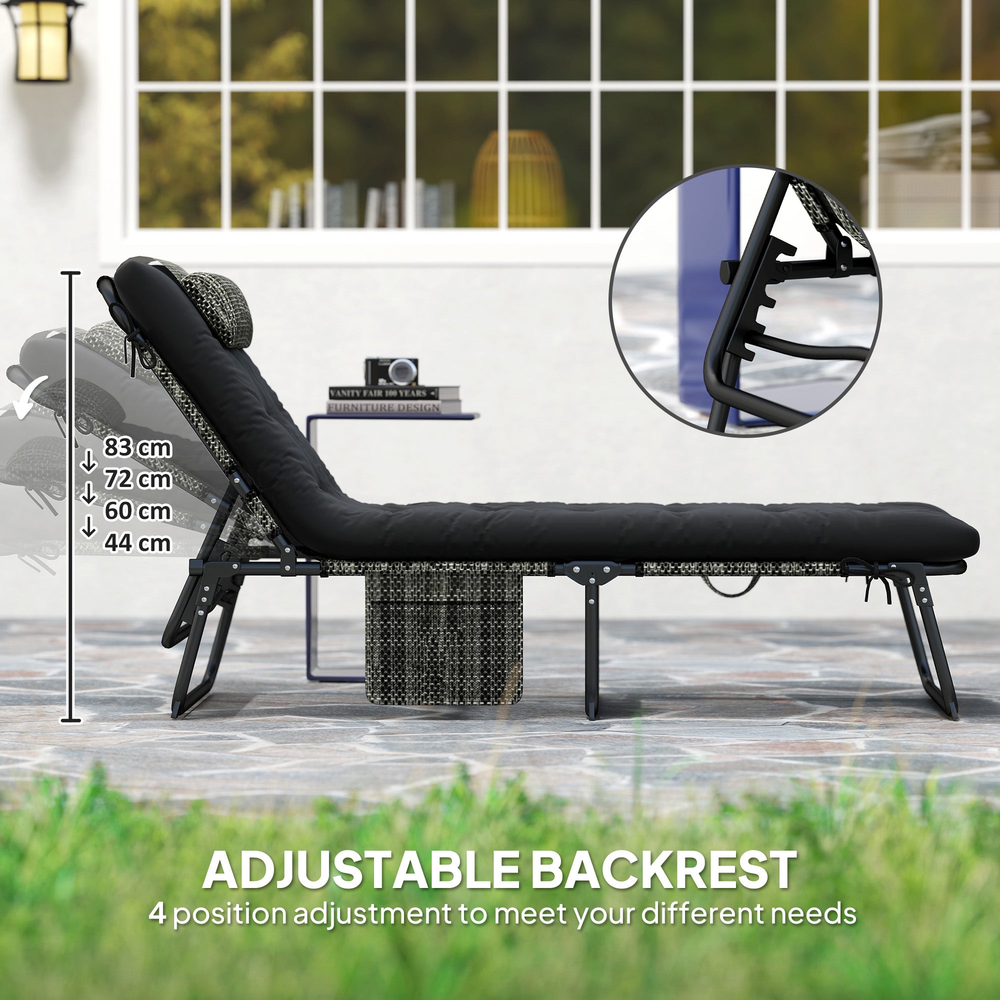 Outsunny 2 Pieces Folding Lounge Chairs with 4-level Reclining Back, Tanning Chair with Cushion, Sun Lounger with Breathable Mesh Fabric, Side Pocket, Headrest, Black