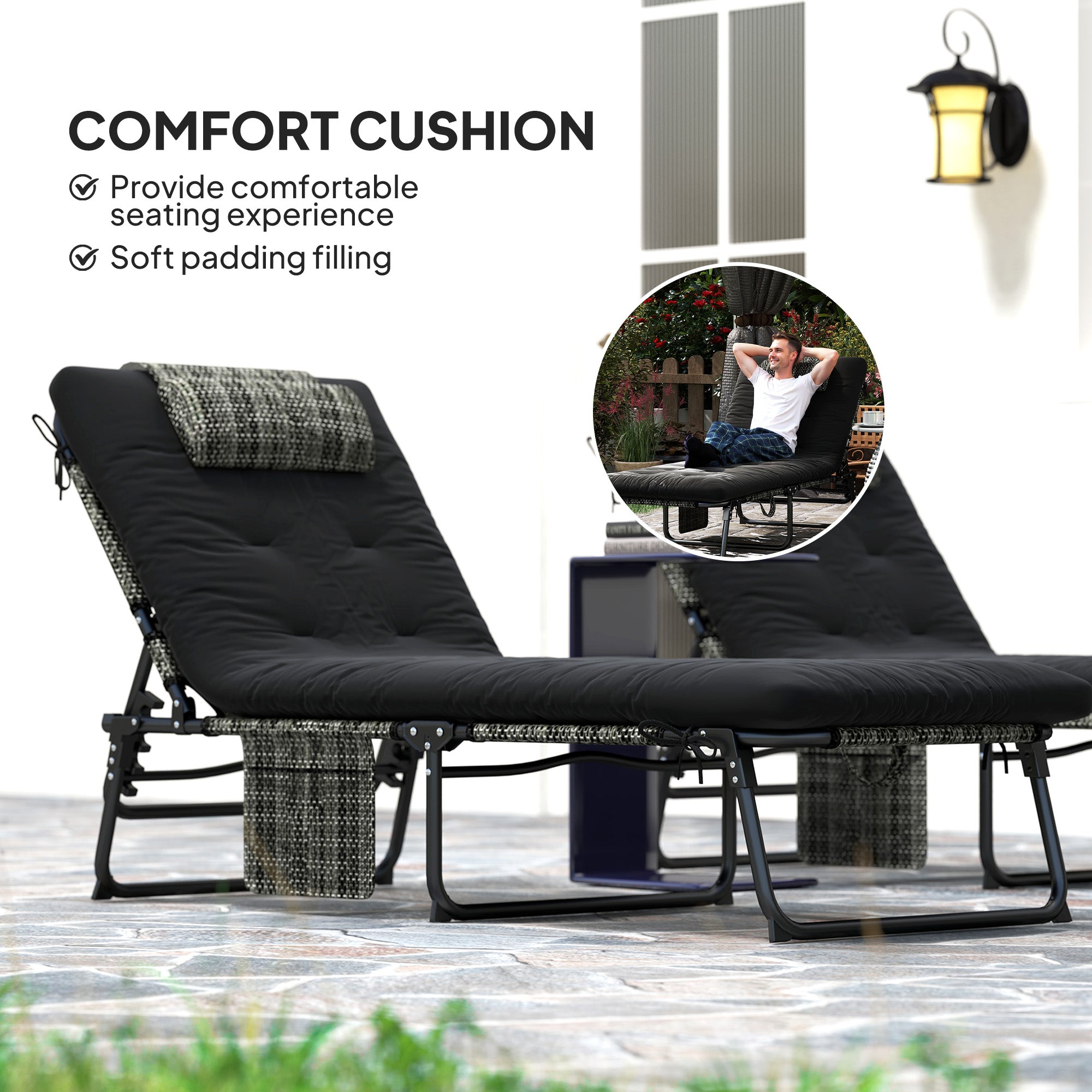 Outsunny 2 Pieces Folding Lounge Chairs with 4-level Reclining Back, Tanning Chair with Cushion, Sun Lounger with Breathable Mesh Fabric, Side Pocket, Headrest, Black