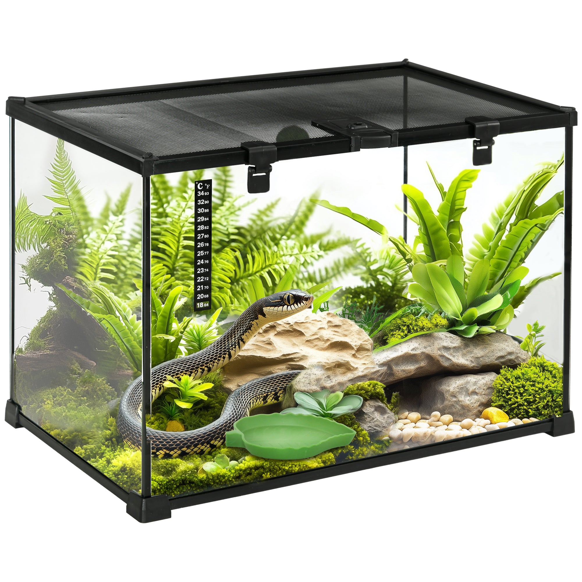 PawHut 14 Gallon Reptile Glass Terrarium Tank, Breeding Box Full View with Visually Appealing Sliding Screen Top for Lizards, Frogs, Snakes, Spiders, 20" x 12" x 14"