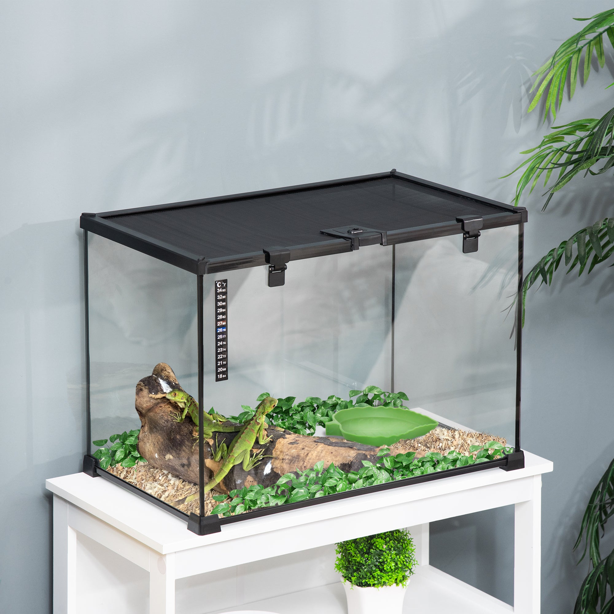 PawHut 14 Gallon Reptile Glass Terrarium Tank, Breeding Box Full View with Visually Appealing Sliding Screen Top for Lizards, Frogs, Snakes, Spiders, 20" x 12" x 14"