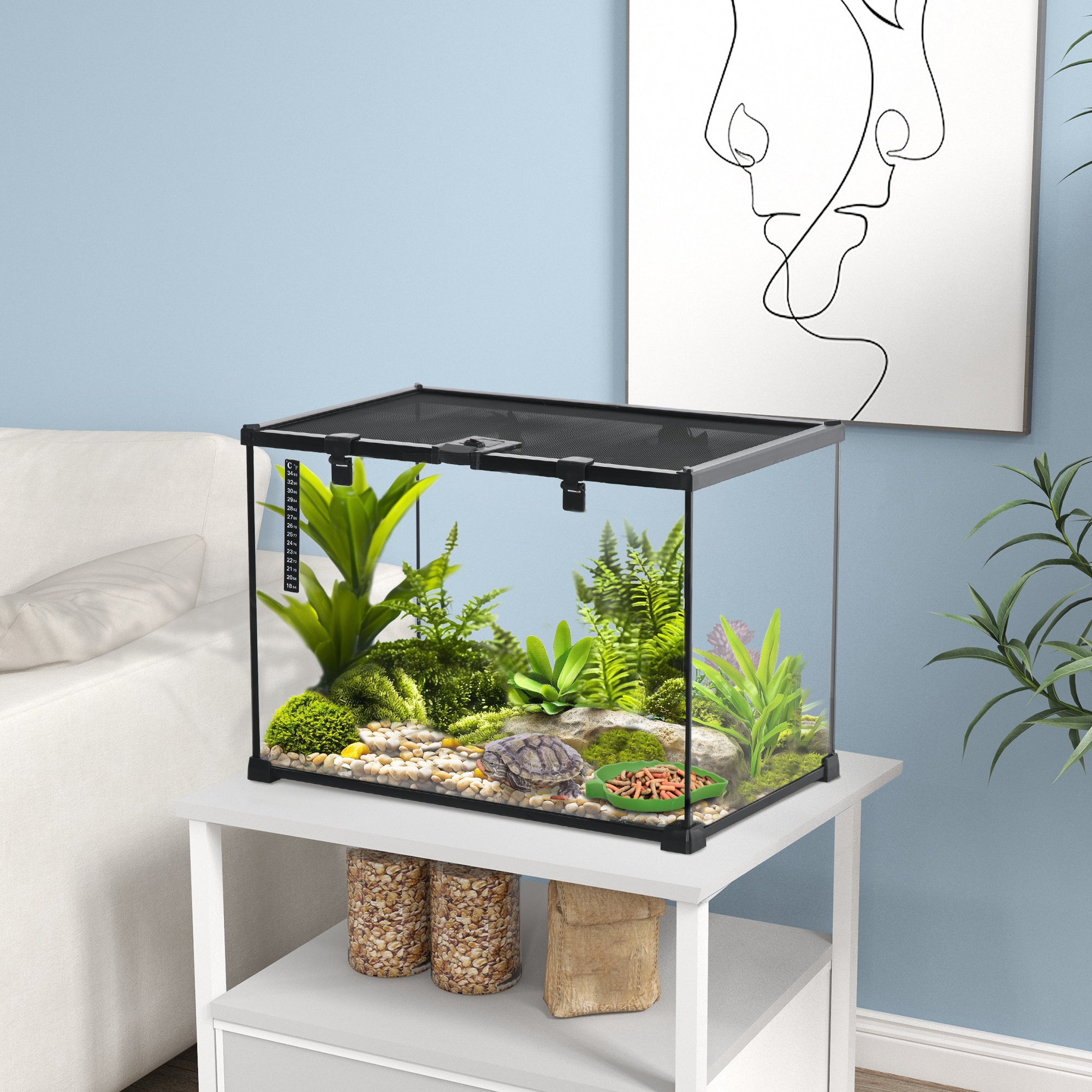 PawHut 14 Gallon Reptile Glass Terrarium Tank, Breeding Box Full View with Visually Appealing Sliding Screen Top for Lizards, Frogs, Snakes, Spiders, 20" x 12" x 14"
