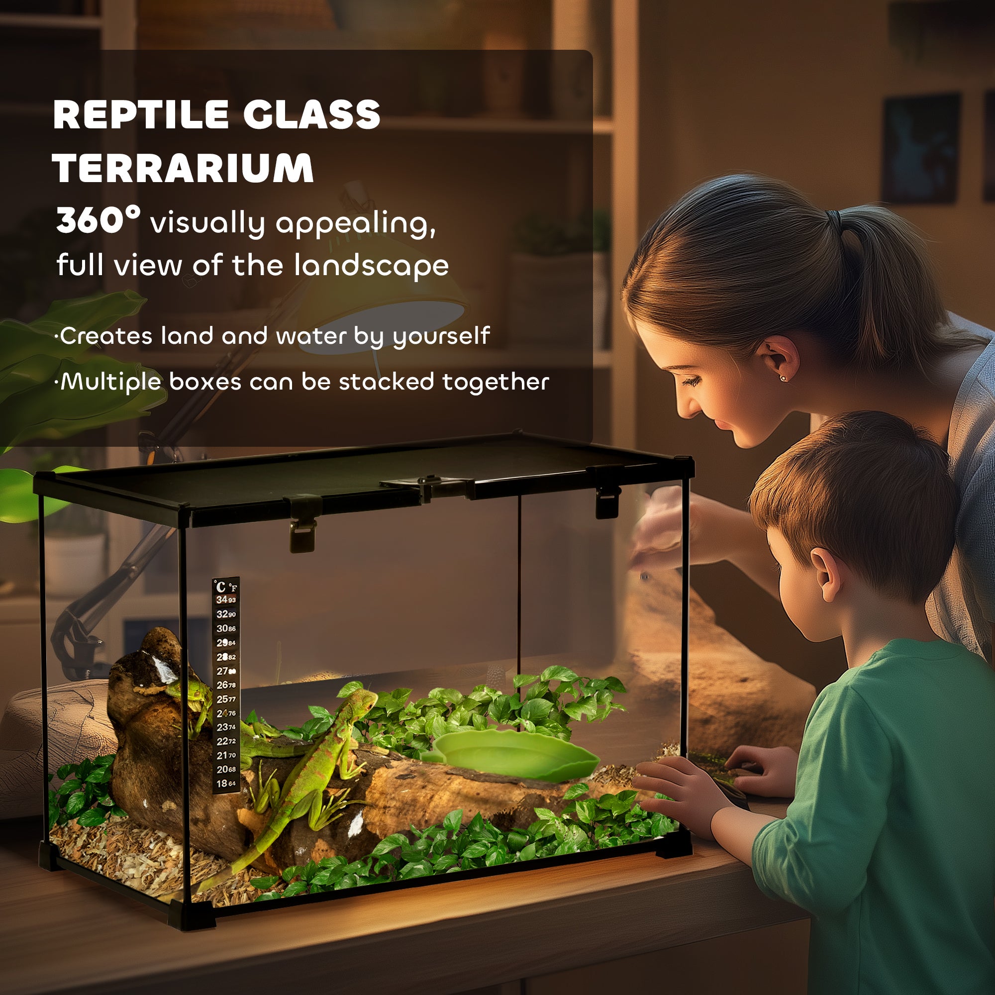 PawHut 14 Gallon Reptile Glass Terrarium Tank, Breeding Box Full View with Visually Appealing Sliding Screen Top for Lizards, Frogs, Snakes, Spiders, 20" x 12" x 14"