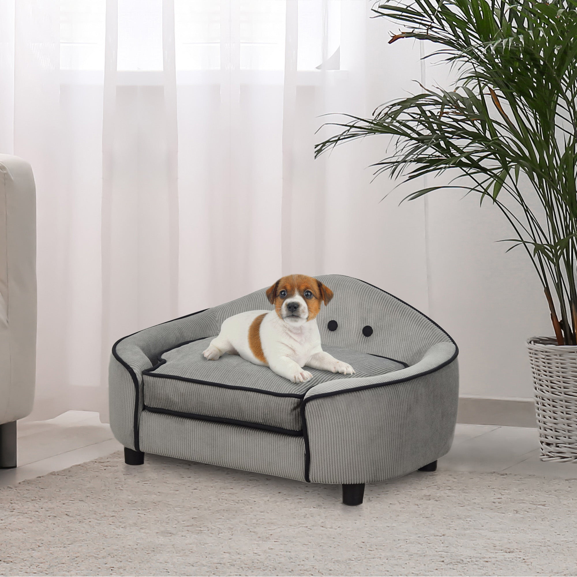 PawHut Dog Sofa for XS and S Size Dogs, Pet Chair Bed with Soft Cushion, Cat Sofa  Couch with Washable Cover, Wooden Frame, 66.5 x 45 x 35.5 cm, Grey