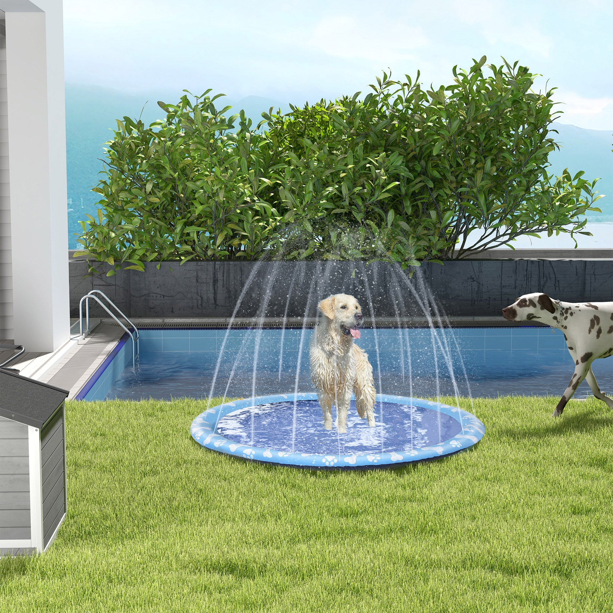 PawHut 170cm Splash Pad Sprinkler for Pets Dog Bath Pool Water Game Mat Toy Non-slip Outdoor Backyard Blue