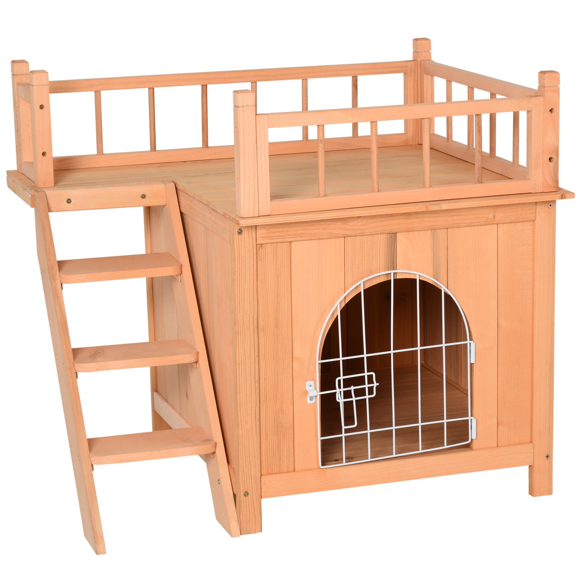 PawHut 2-Story Pet House for Cats Miniature Sized Dogs, Wooden Kitten Shelter with Enclosure, Balcony, Lockable Gate, Stairs, Natural