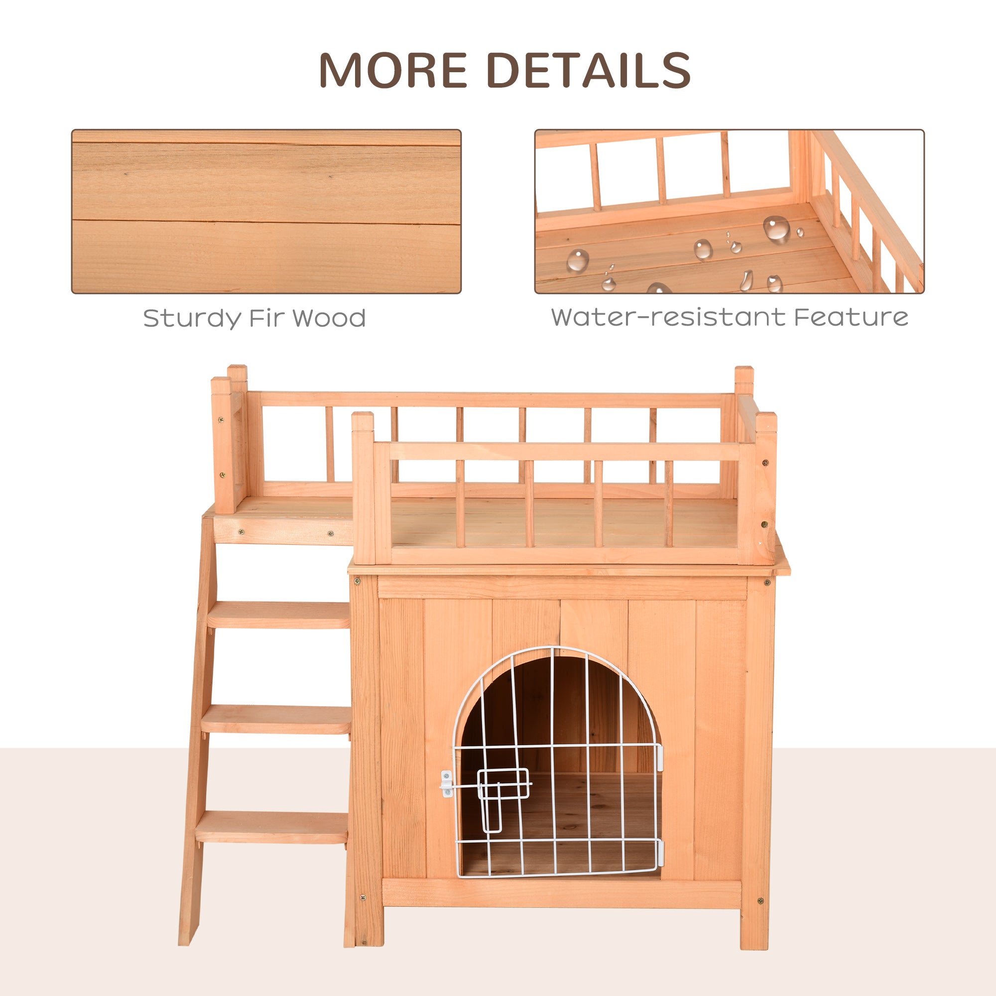 PawHut 2-Story Pet House for Cats Miniature Sized Dogs, Wooden Kitten Shelter with Enclosure, Balcony, Lockable Gate, Stairs, Natural
