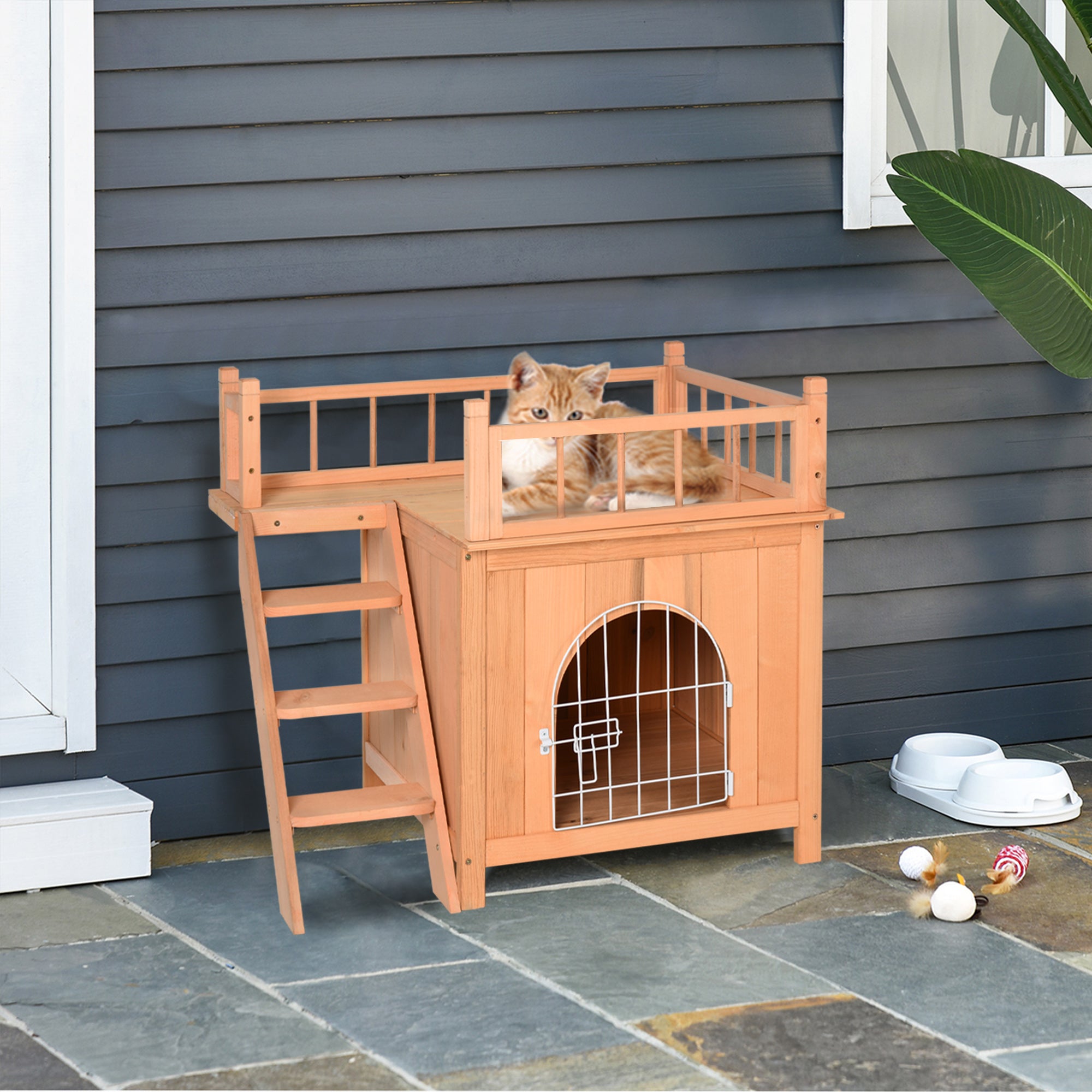 PawHut 2-Story Pet House for Cats Miniature Sized Dogs, Wooden Kitten Shelter with Enclosure, Balcony, Lockable Gate, Stairs, Natural