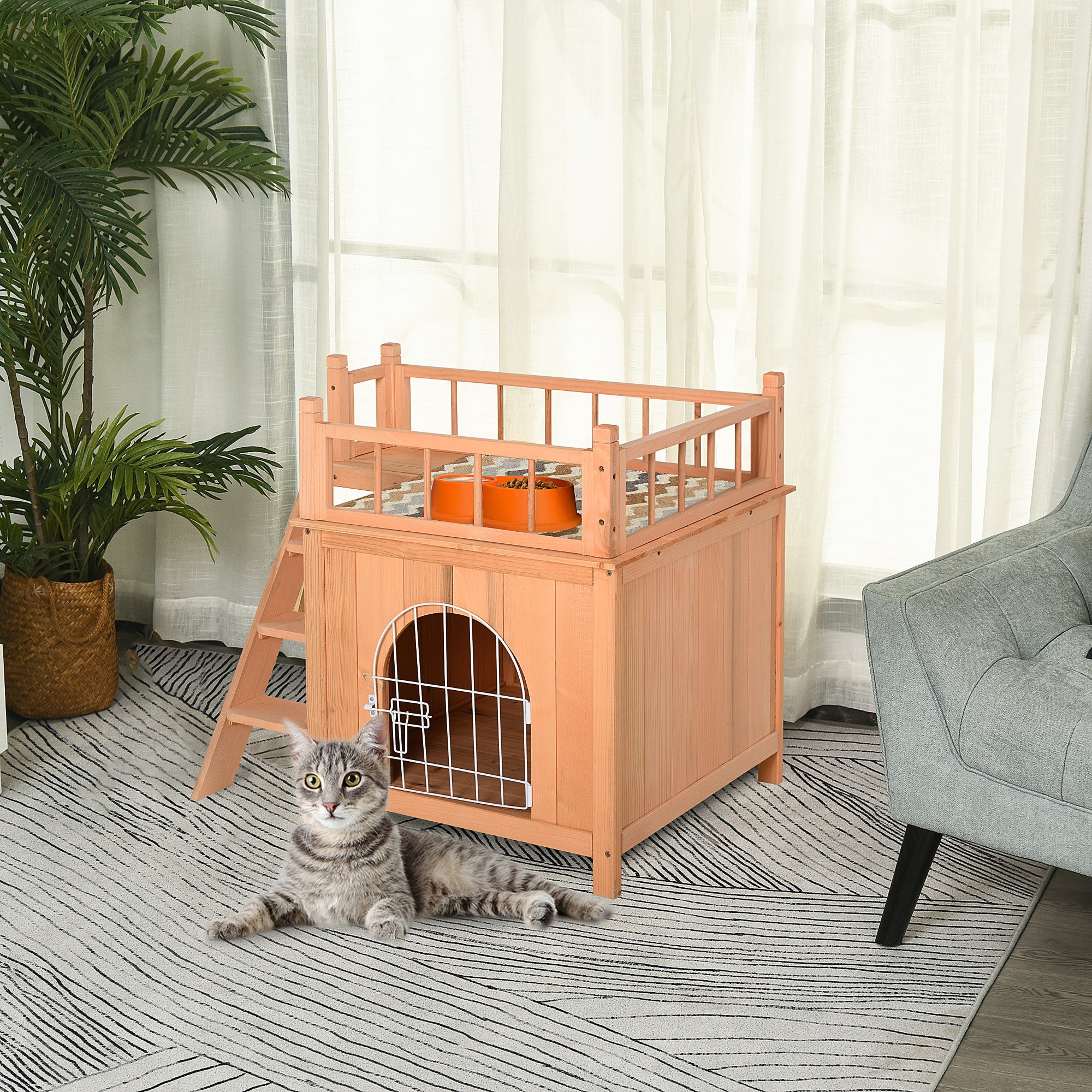 PawHut 2-Story Pet House for Cats Miniature Sized Dogs, Wooden Kitten Shelter with Enclosure, Balcony, Lockable Gate, Stairs, Natural