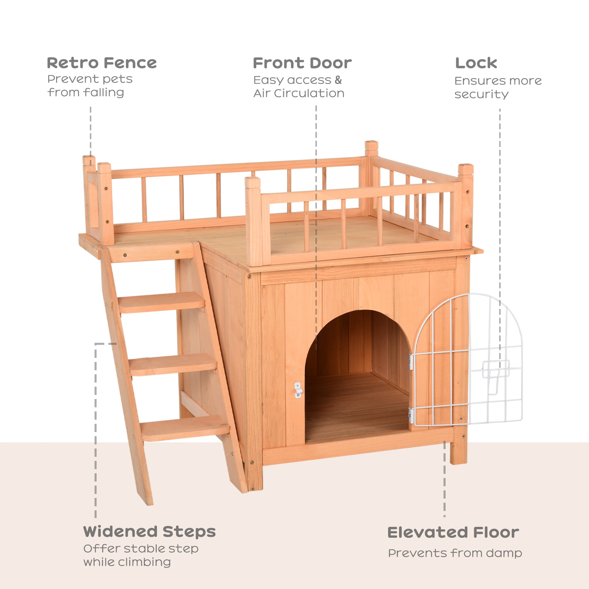 PawHut 2-Story Pet House for Cats Miniature Sized Dogs, Wooden Kitten Shelter with Enclosure, Balcony, Lockable Gate, Stairs, Natural