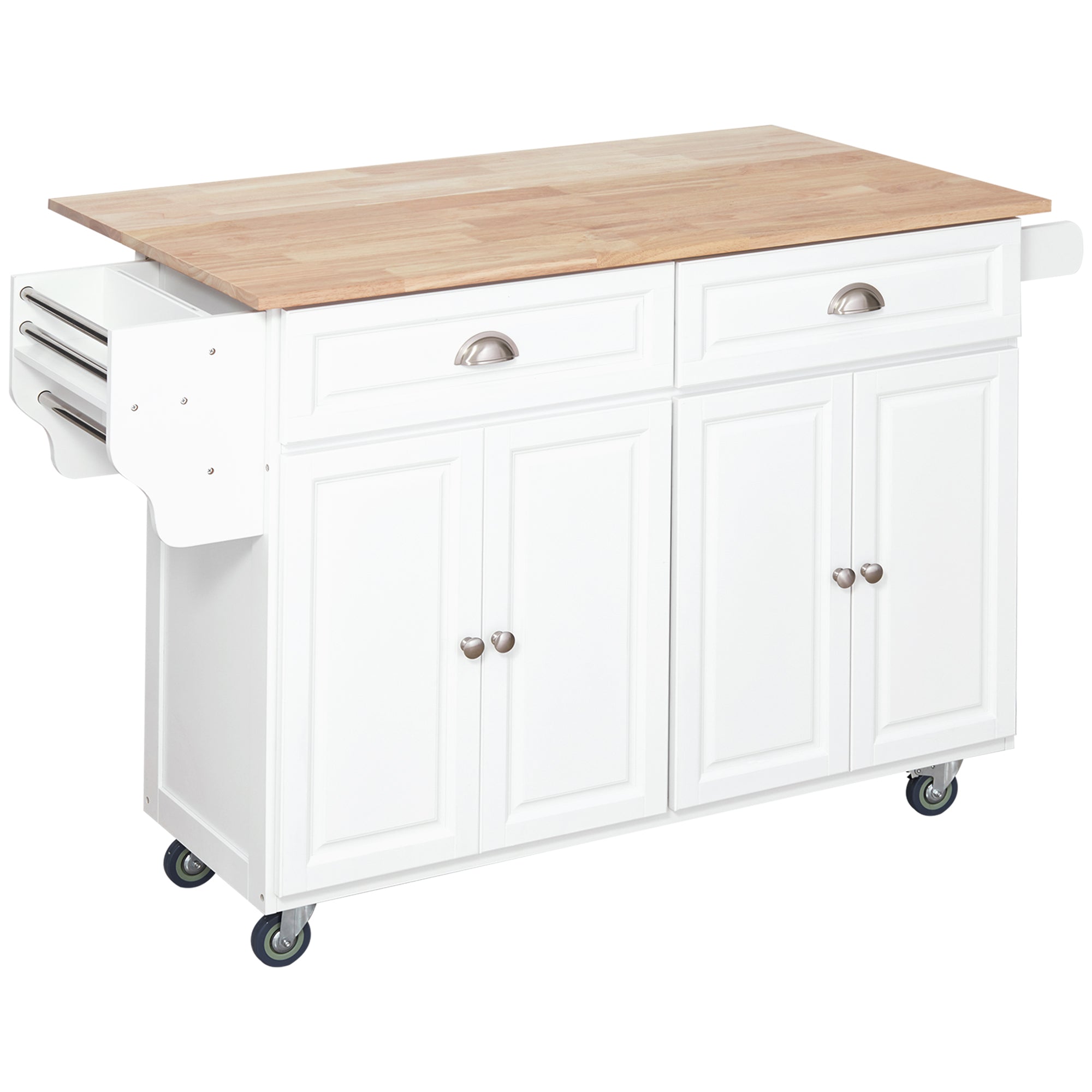 HOMCOM Kitchen Island with Storage, Rolling Kitchen Island with Drop Leaf, Solid Wood Top, 2 Drawers, 2 Cabinets, Adjustable Shelves and Knife Rack, White