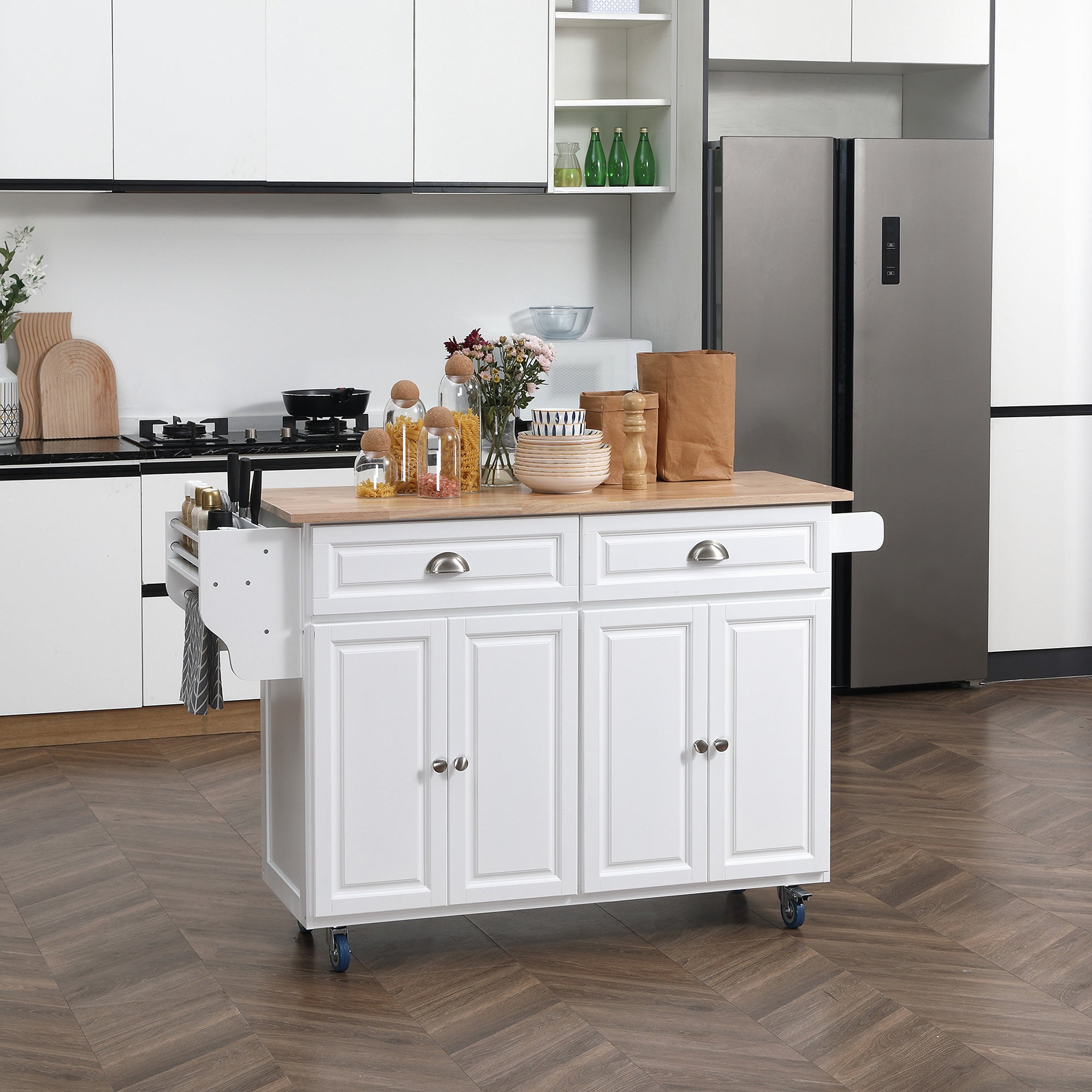 HOMCOM Kitchen Island with Storage, Rolling Kitchen Island with Drop Leaf, Solid Wood Top, 2 Drawers, 2 Cabinets, Adjustable Shelves and Knife Rack, White