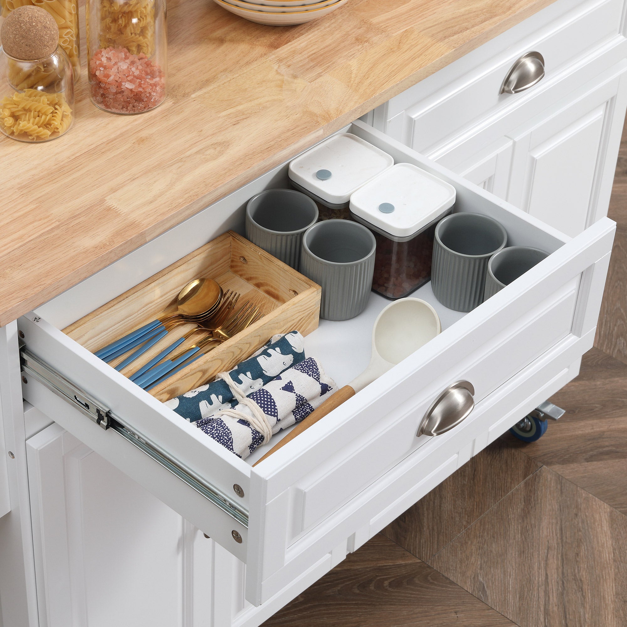 HOMCOM Kitchen Island with Storage, Rolling Kitchen Island with Drop Leaf, Solid Wood Top, 2 Drawers, 2 Cabinets, Adjustable Shelves and Knife Rack, White