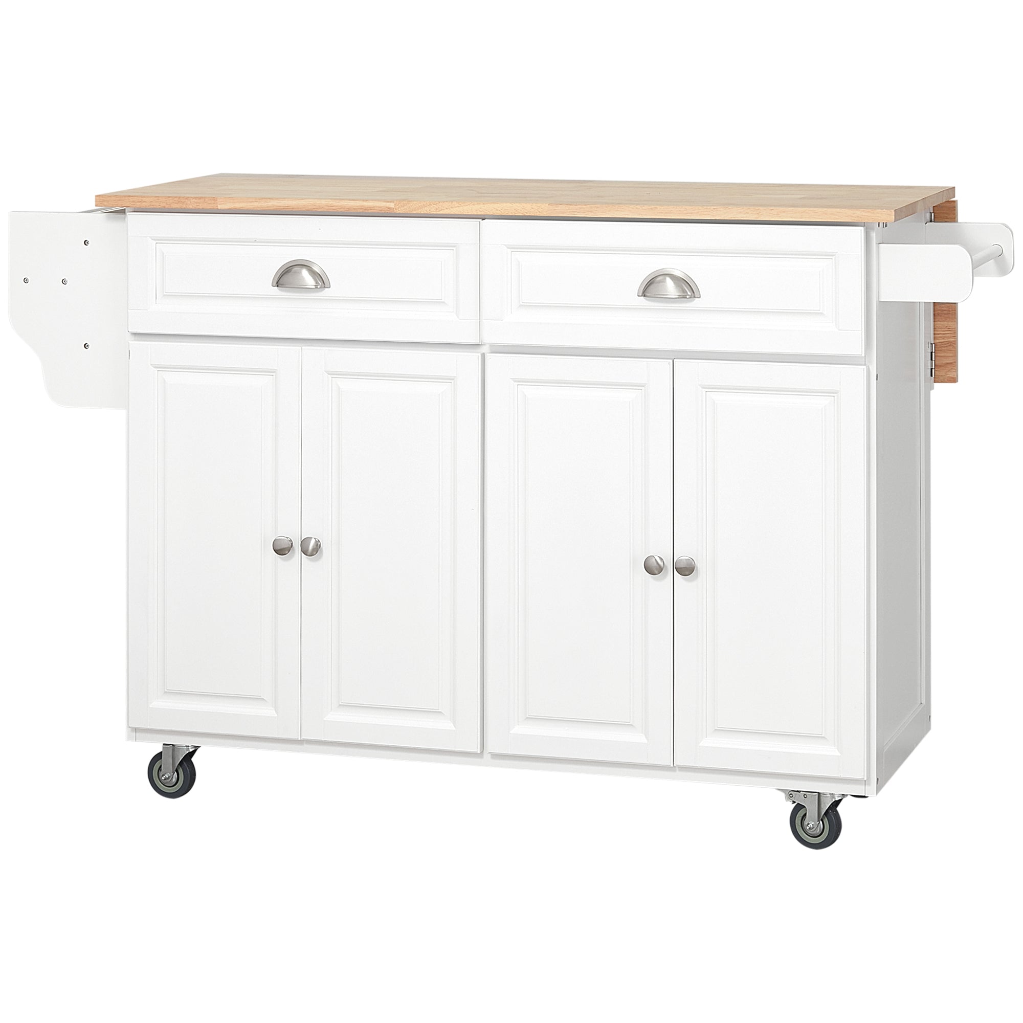 HOMCOM Kitchen Island with Storage, Rolling Kitchen Island with Drop Leaf, Solid Wood Top, 2 Drawers, 2 Cabinets, Adjustable Shelves and Knife Rack, White