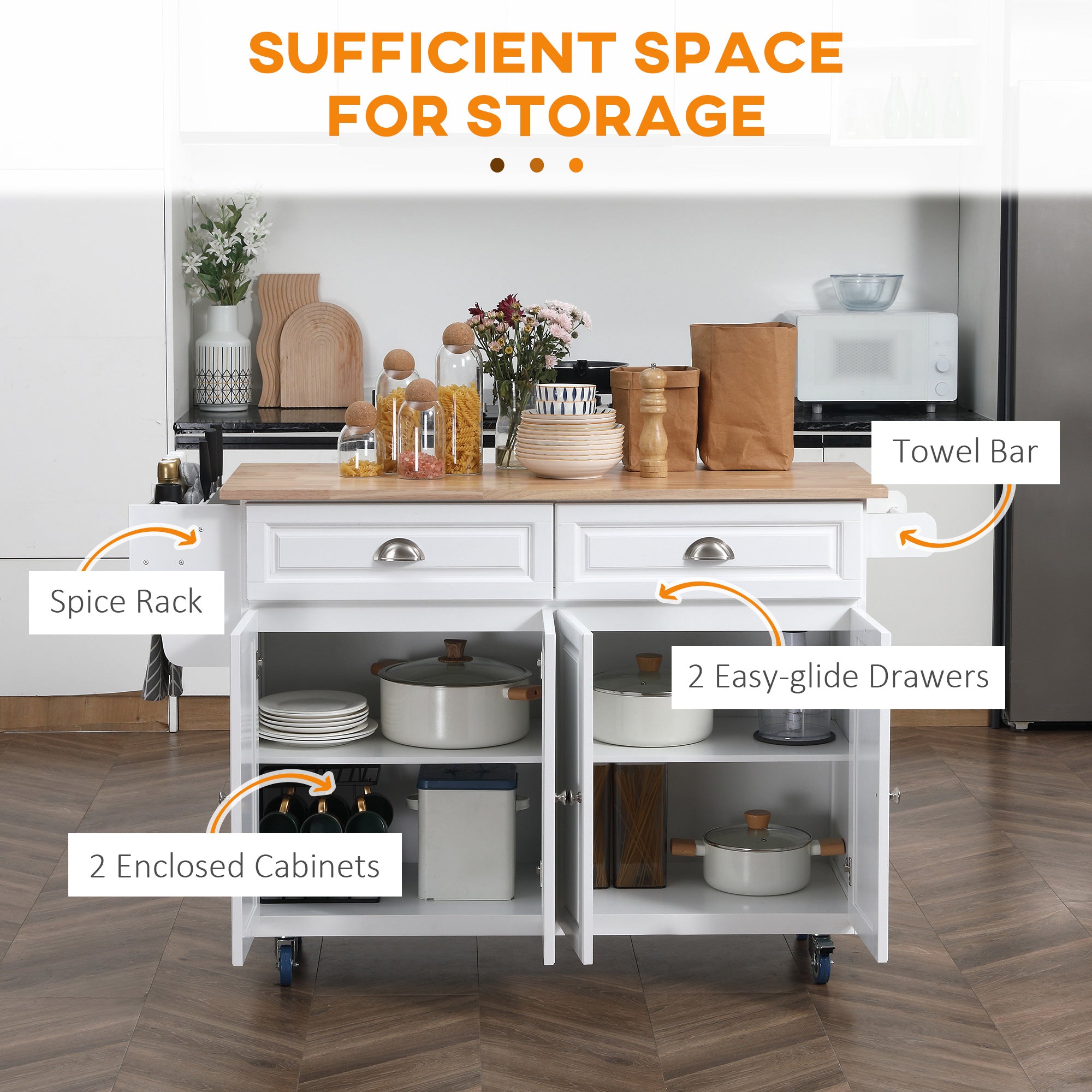 HOMCOM Kitchen Island with Storage, Rolling Kitchen Island with Drop Leaf, Solid Wood Top, 2 Drawers, 2 Cabinets, Adjustable Shelves and Knife Rack, White