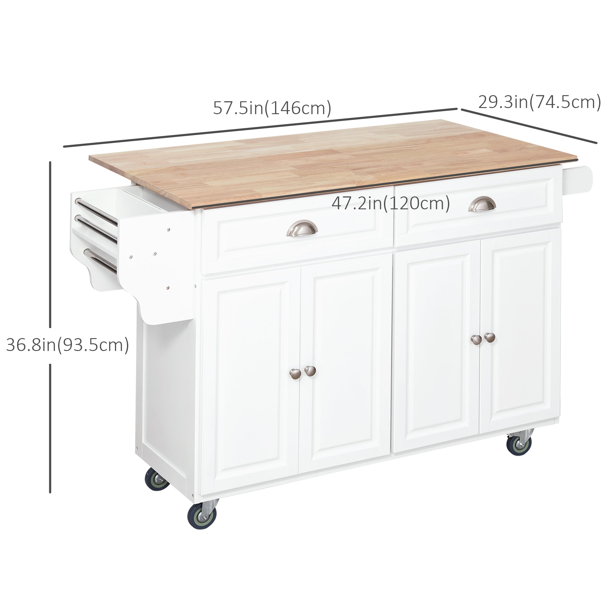 HOMCOM Kitchen Island with Storage, Rolling Kitchen Island with Drop Leaf, Solid Wood Top, 2 Drawers, 2 Cabinets, Adjustable Shelves and Knife Rack, White
