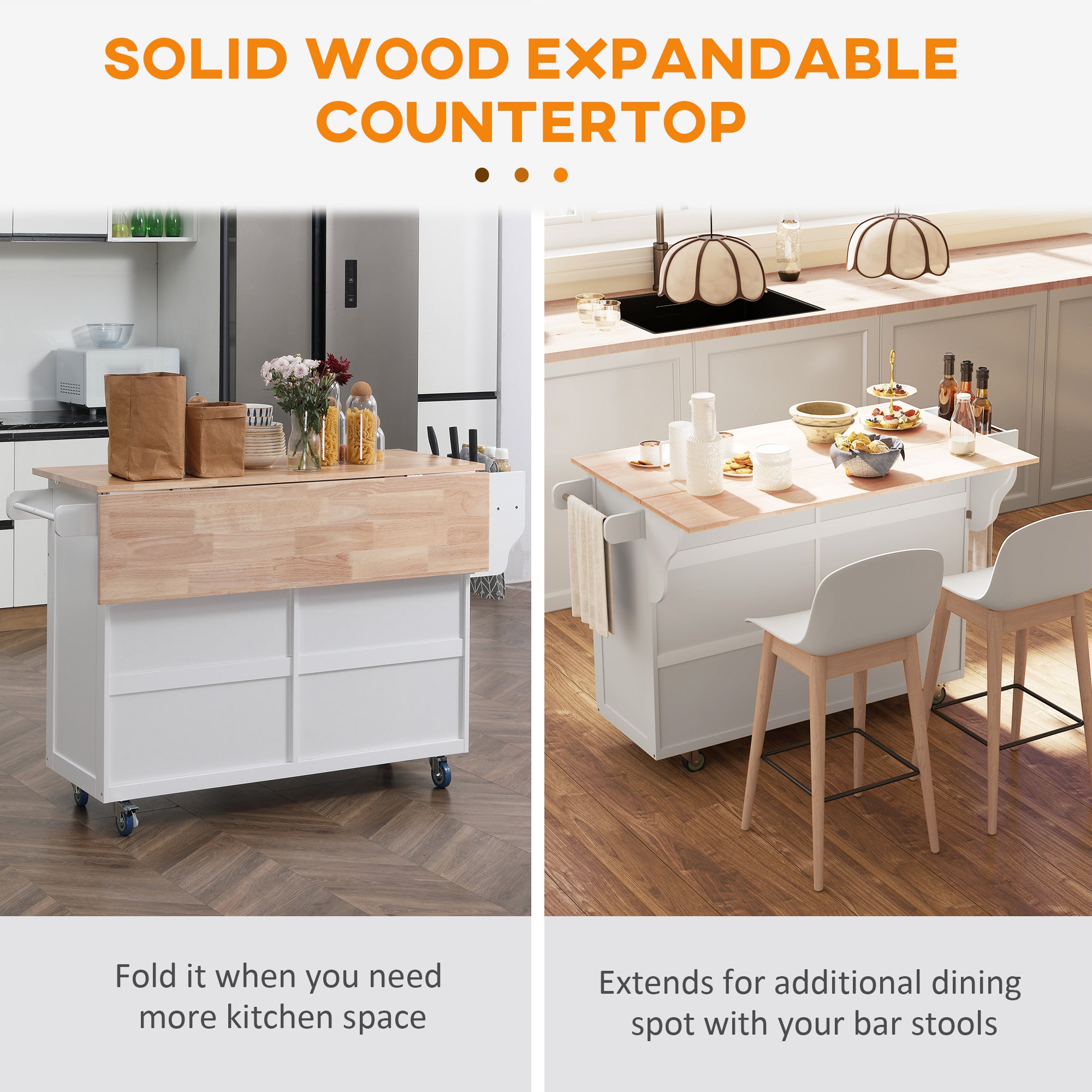 HOMCOM Kitchen Island with Storage, Rolling Kitchen Island with Drop Leaf, Solid Wood Top, 2 Drawers, 2 Cabinets, Adjustable Shelves and Knife Rack, White