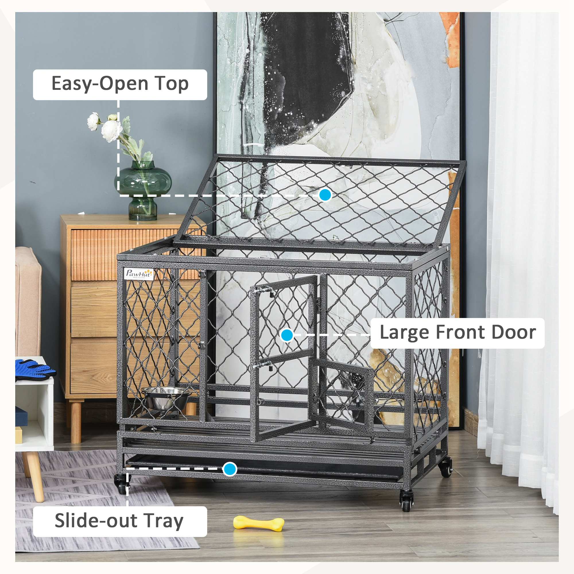 PawHut Heavy Duty Dog Crate, Metal Dog Kennel Cage with Wheels, Openable Top, Removable Tray, Stainless Steel Bowl, for Small, Medium, Large Dogs, 36.4" x 24.4" x 31.1"
